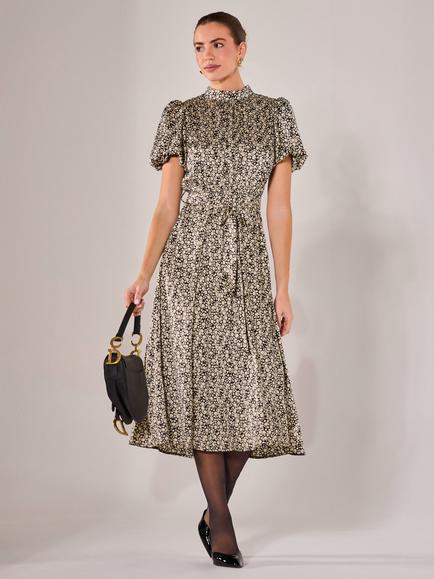 Jolie Moi Satin High Neck Puff Sleeve Abstract Midi Dress, Black/Cream, Black/Cream