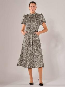 Jolie Moi Satin High Neck Puff Sleeve Abstract Midi Dress, Black/Cream - view 2, Black/Cream