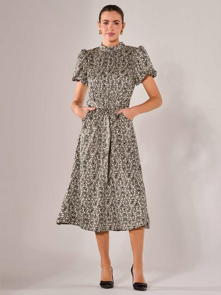 Jolie Moi Satin High Neck Puff Sleeve Abstract Midi Dress, Black/Cream - view 2, Black/Cream