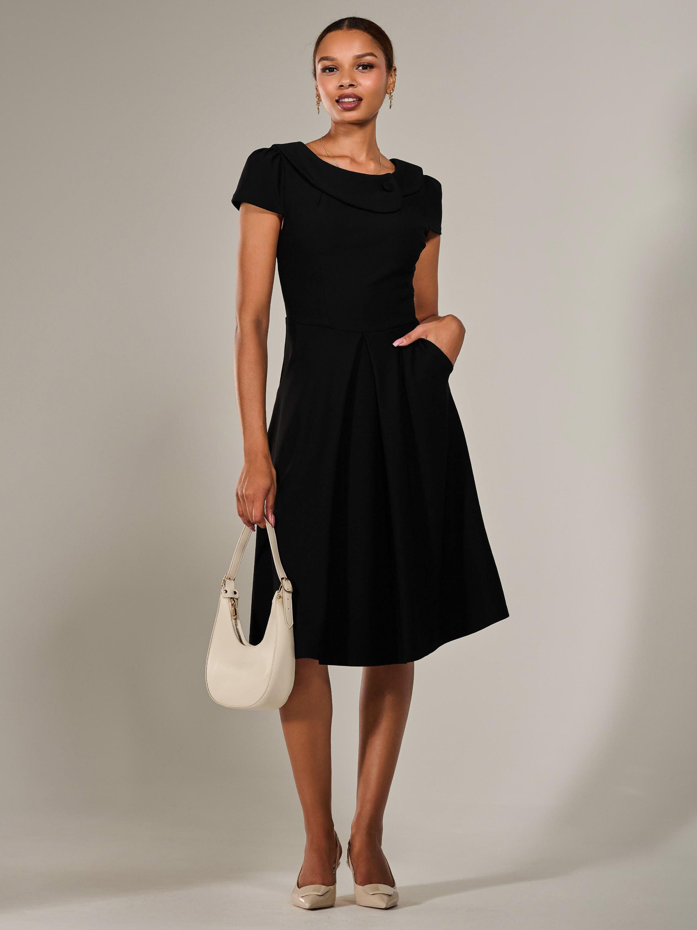 Product image 6 of 7, which shows Jolie Moi Vintage Inspired Roll Collar Midi Dress, Black, 8