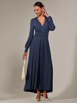 Jolie Moi V-Neck Long Sleeved Maxi Dress, Steel Blue - view 2, Steel Blue