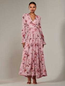 Jolie Moi Abstract Floral Fit And Flare Mesh Maxi Dress, Pink