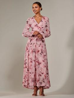 Jolie Moi Abstract Floral Fit And Flare Mesh Maxi Dress - view 2, Pink