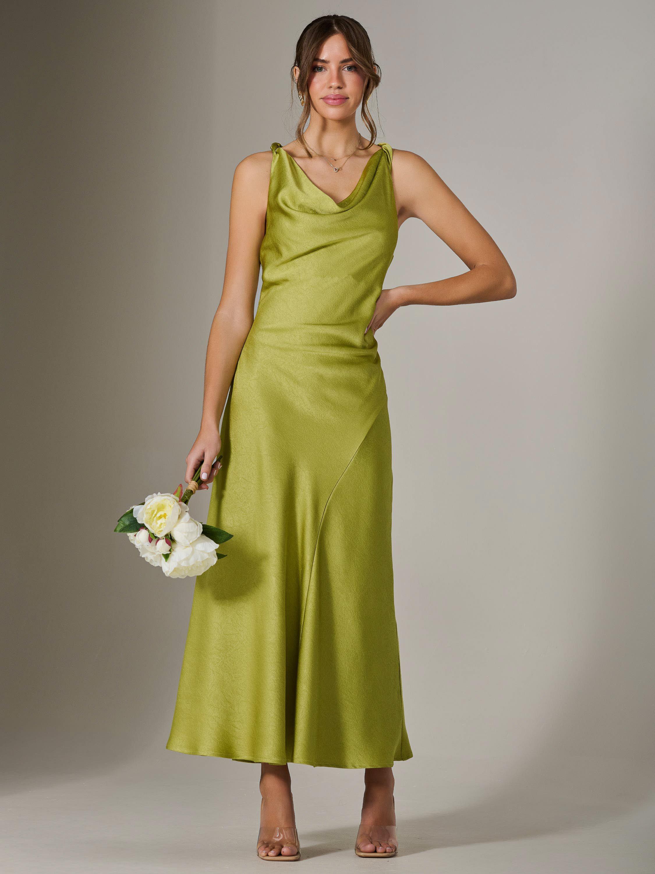 Product image 1 of 7, which shows Jolie Moi Satin Shoulder Twist Midaxi Dress, Green, 8