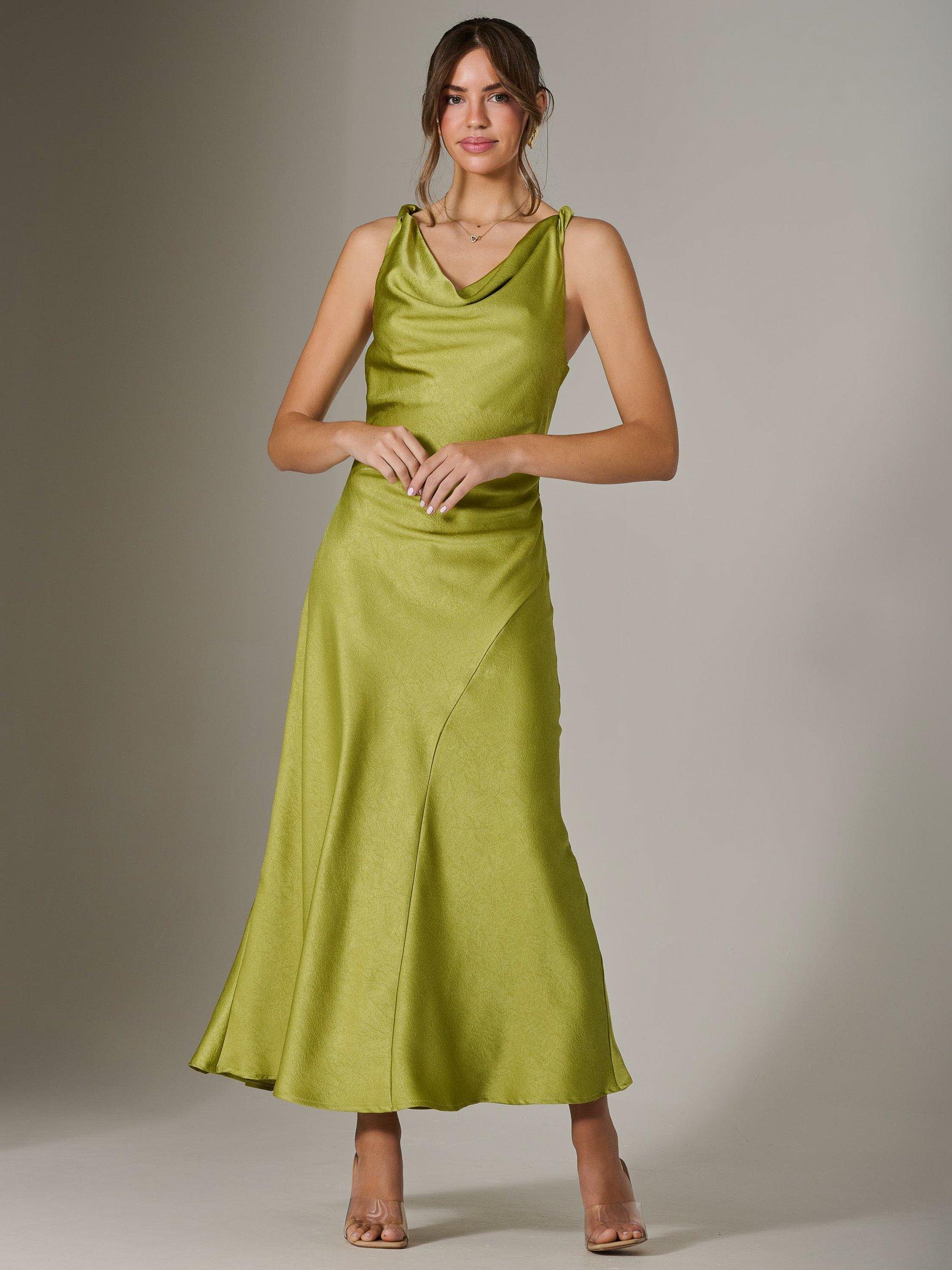 Product image 2 of 7, which shows Jolie Moi Satin Shoulder Twist Midaxi Dress, Green, 8