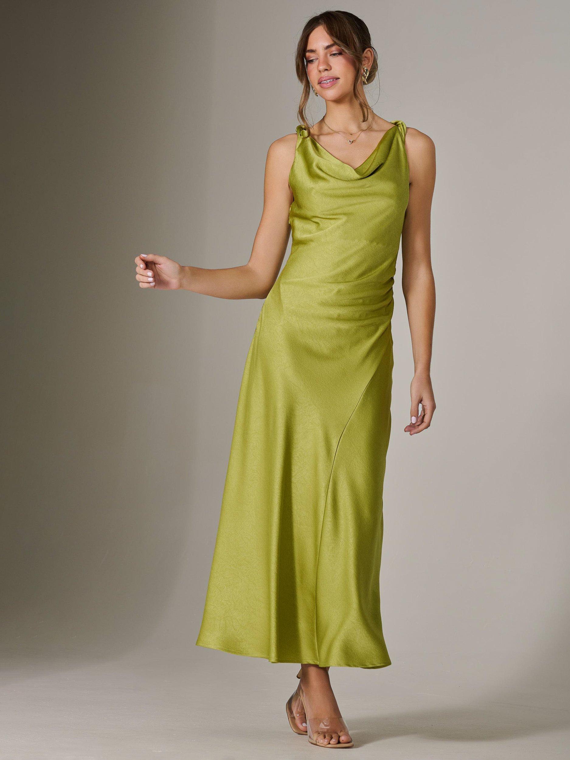 Product image 7 of 7, which shows Jolie Moi Satin Shoulder Twist Midaxi Dress, Green, 8