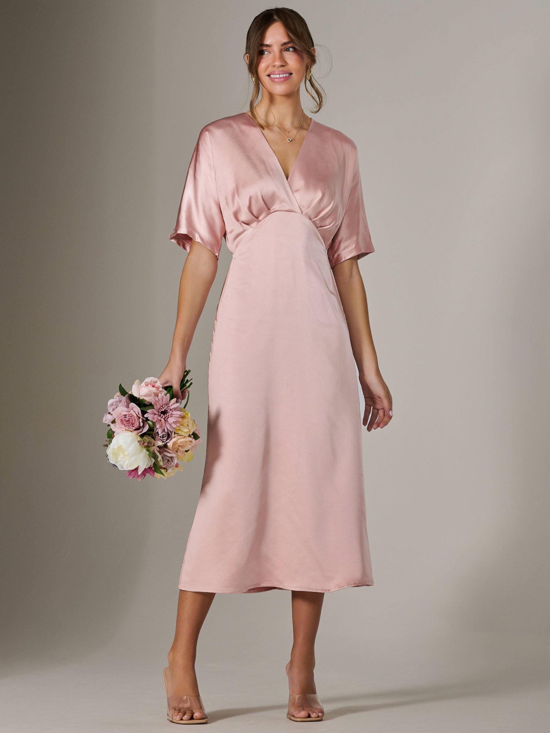 Product image 1 of 7, which shows Jolie Moi Satin A-Line V-neck Midaxi Dress, Pink, 8