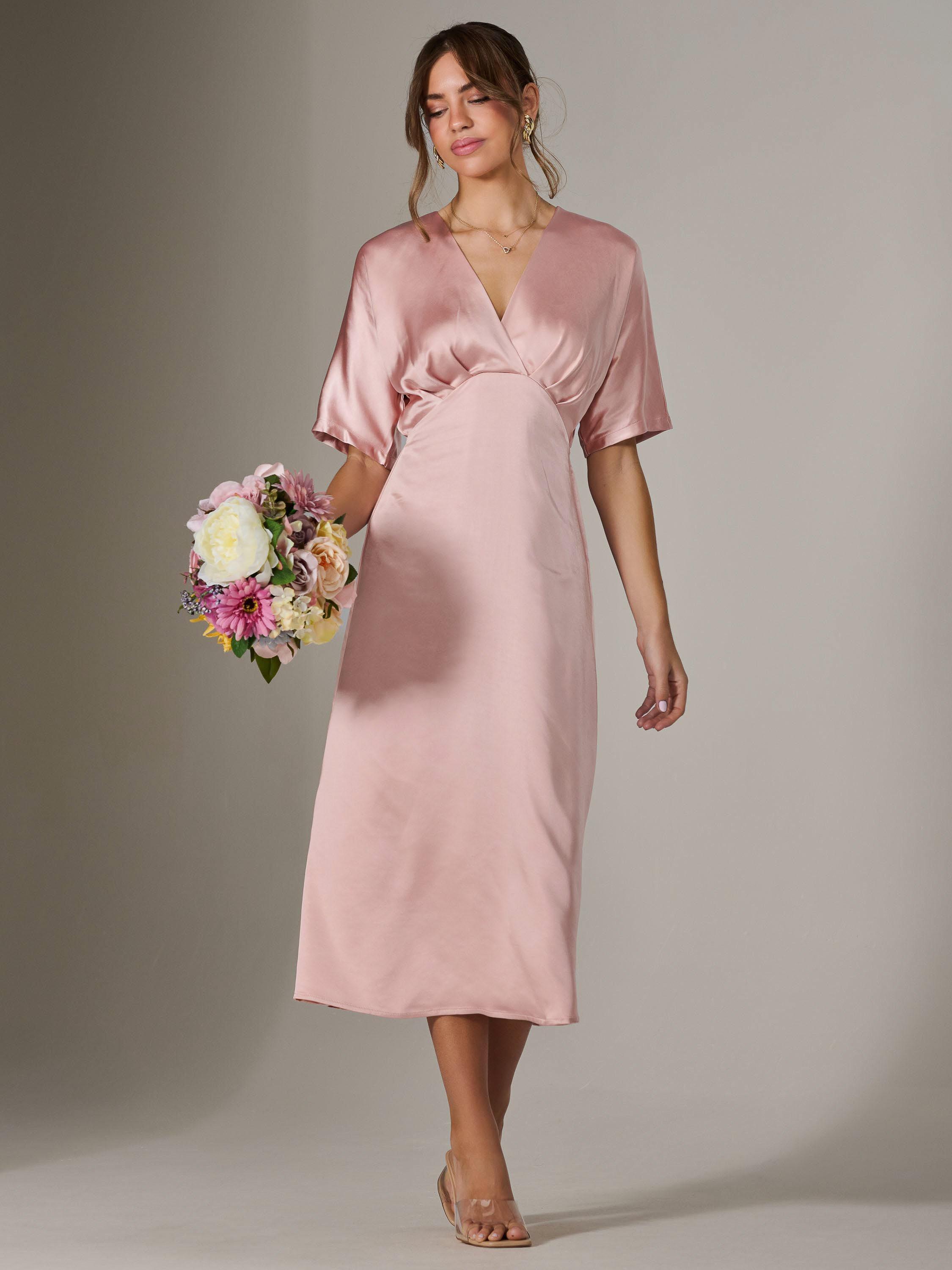 Product image 2 of 7, which shows Jolie Moi Satin A-Line V-neck Midaxi Dress, Pink, 8