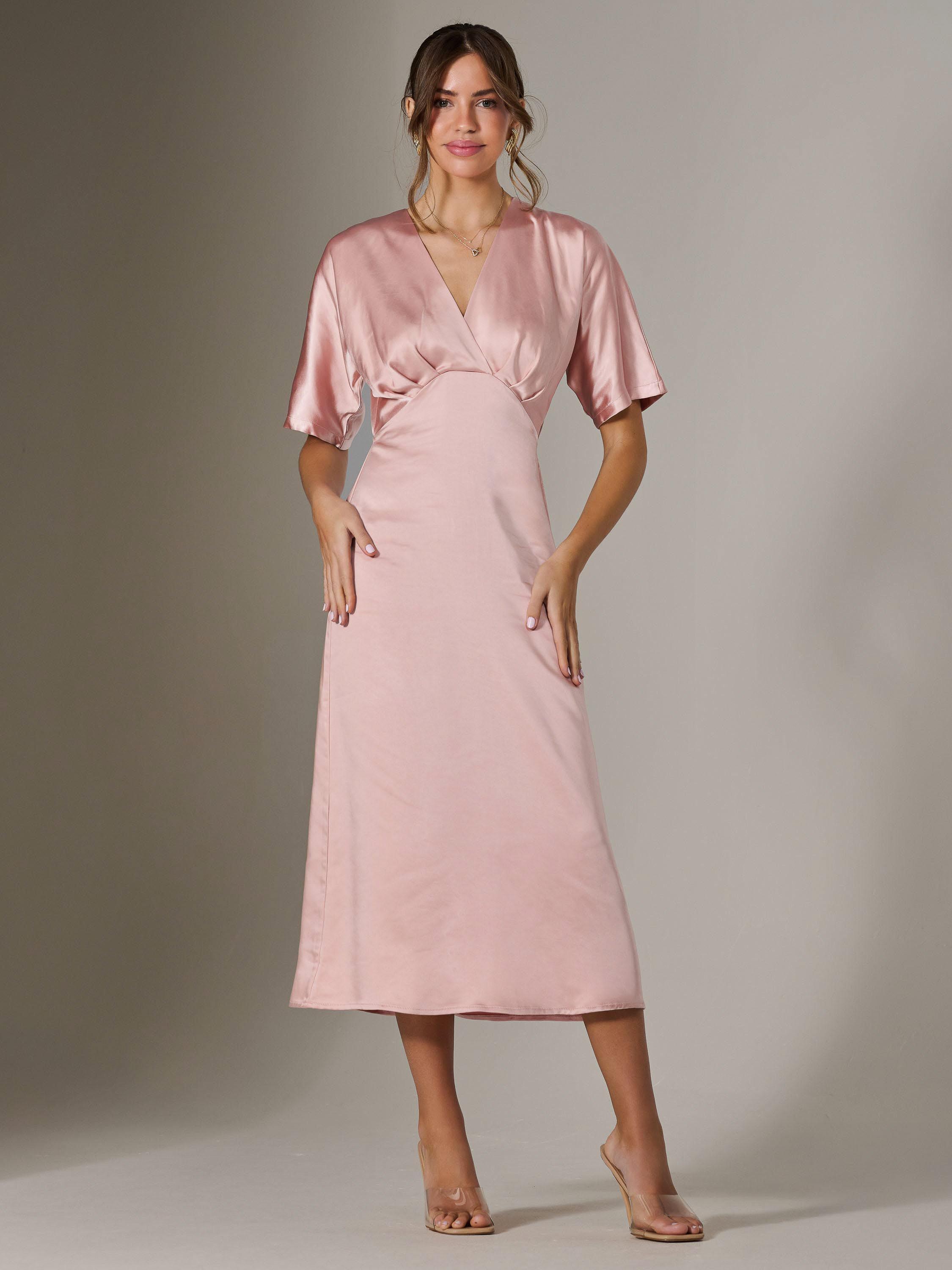 Product image 5 of 7, which shows Jolie Moi Satin A-Line V-neck Midaxi Dress, Pink, 8