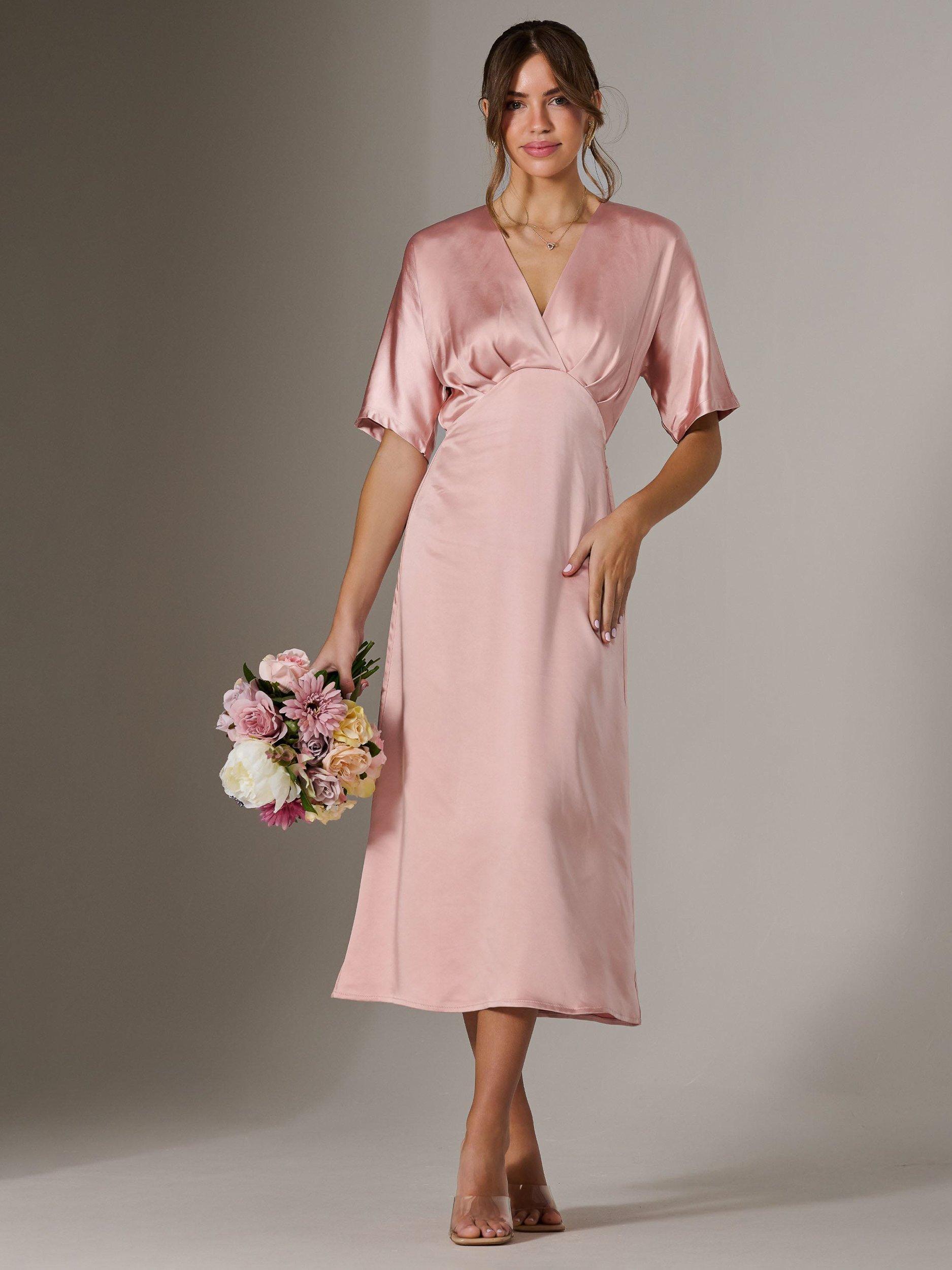 Product image 6 of 7, which shows Jolie Moi Satin A-Line V-neck Midaxi Dress, Pink, 8