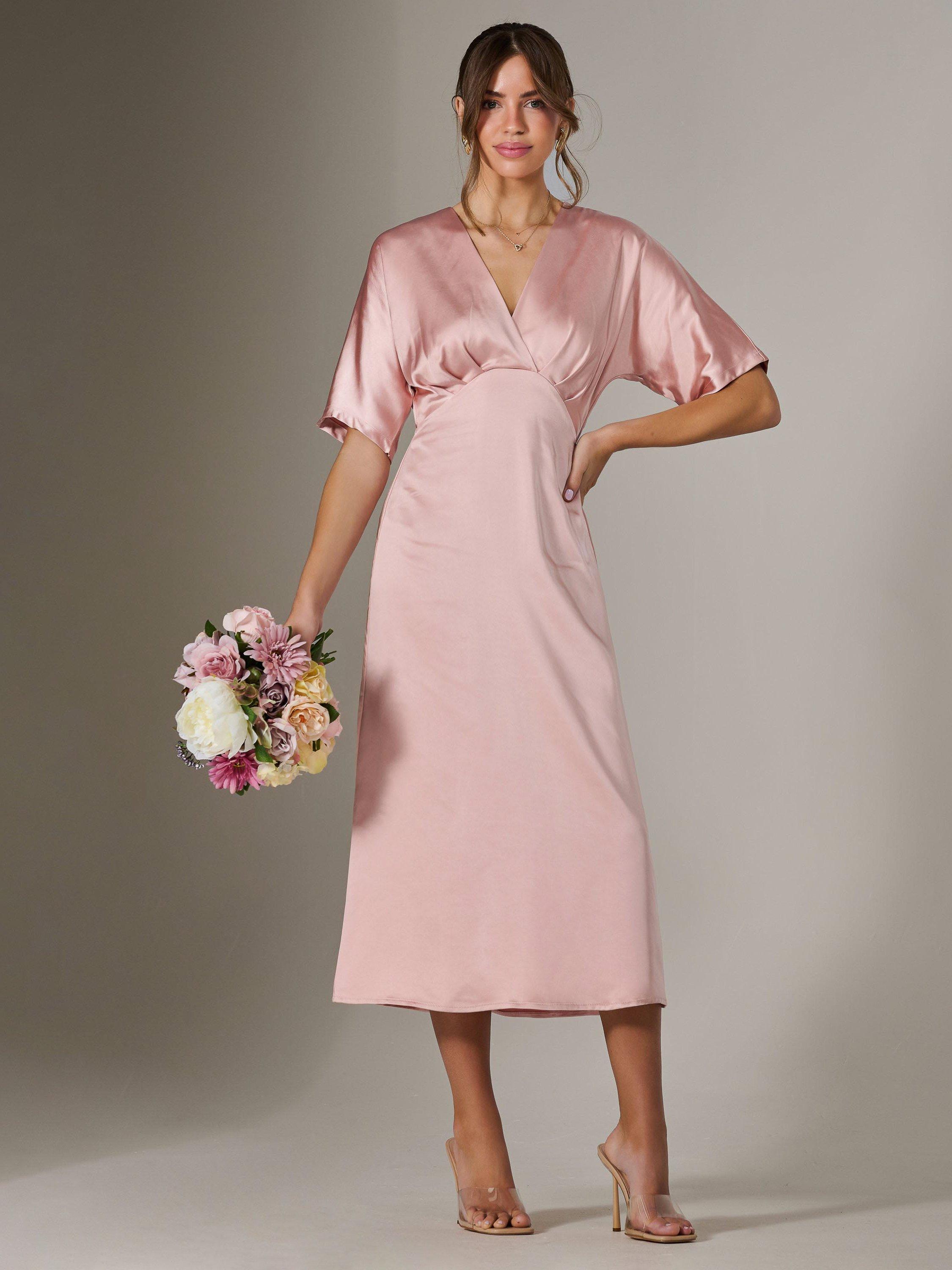 Product image 7 of 7, which shows Jolie Moi Satin A-Line V-neck Midaxi Dress, Pink, 8