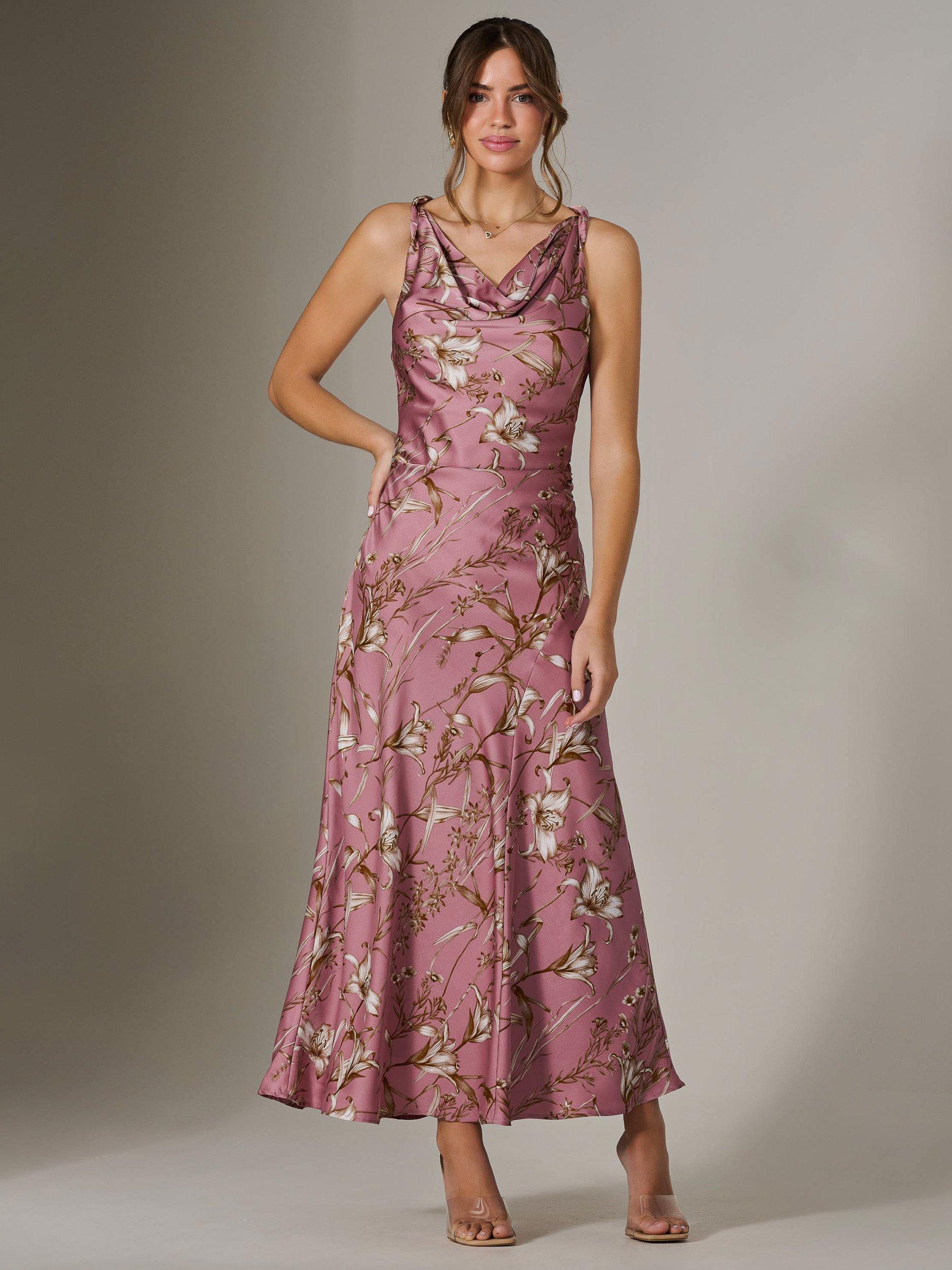 Product image 1 of 7, which shows Jolie Moi Satin Sleeveless Cowl Neck Floral Midaxi Dress, Pink, 8