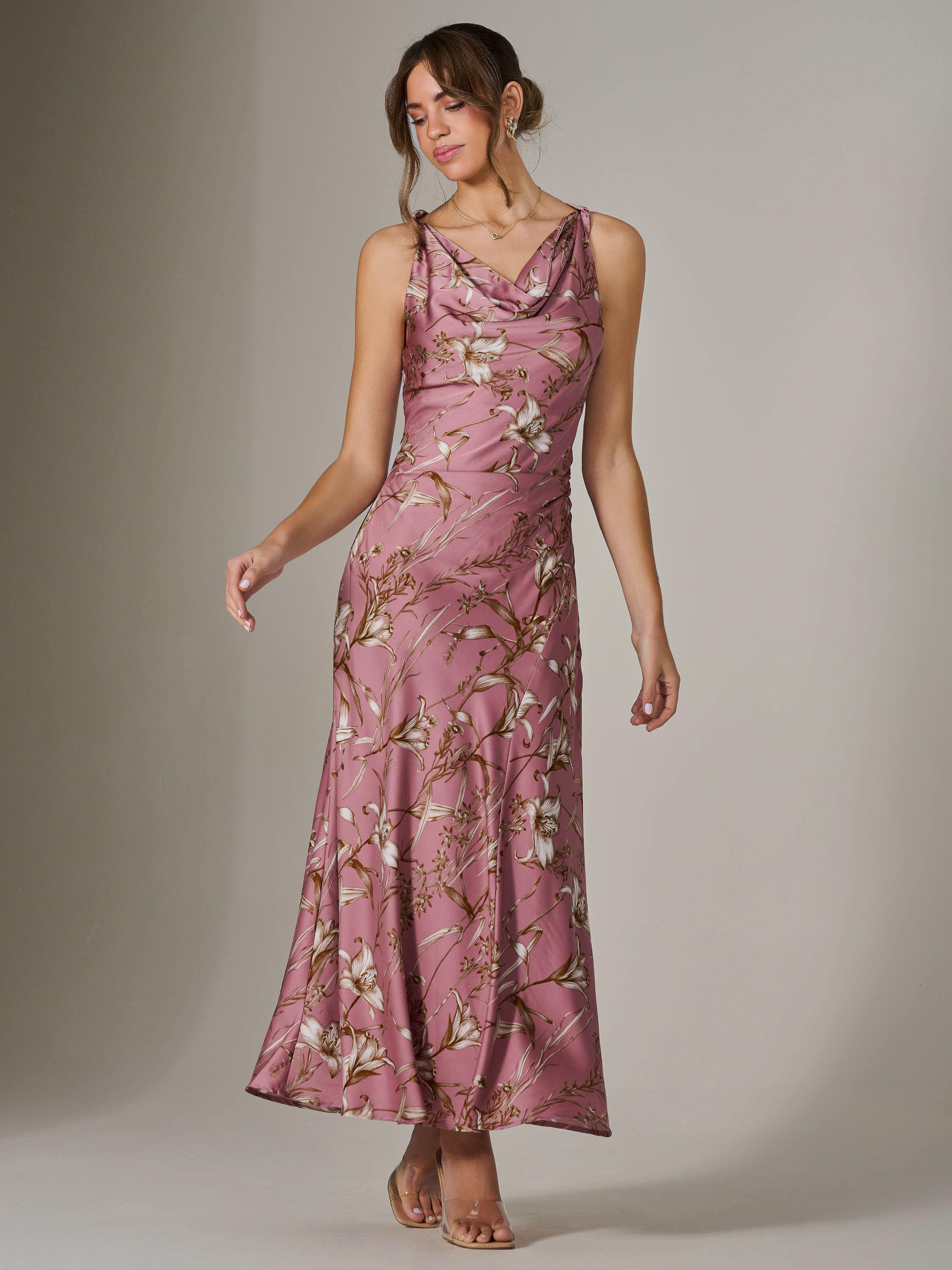 Product image 2 of 7, which shows Jolie Moi Satin Sleeveless Cowl Neck Floral Midaxi Dress, Pink, 8