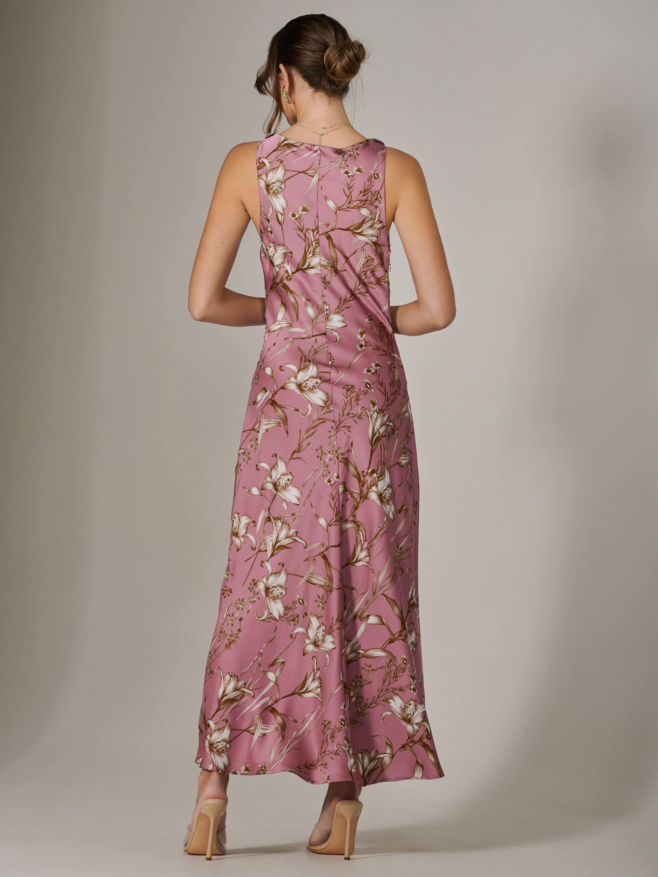 Product image 3 of 7, which shows Jolie Moi Satin Sleeveless Cowl Neck Floral Midaxi Dress, Pink, 8