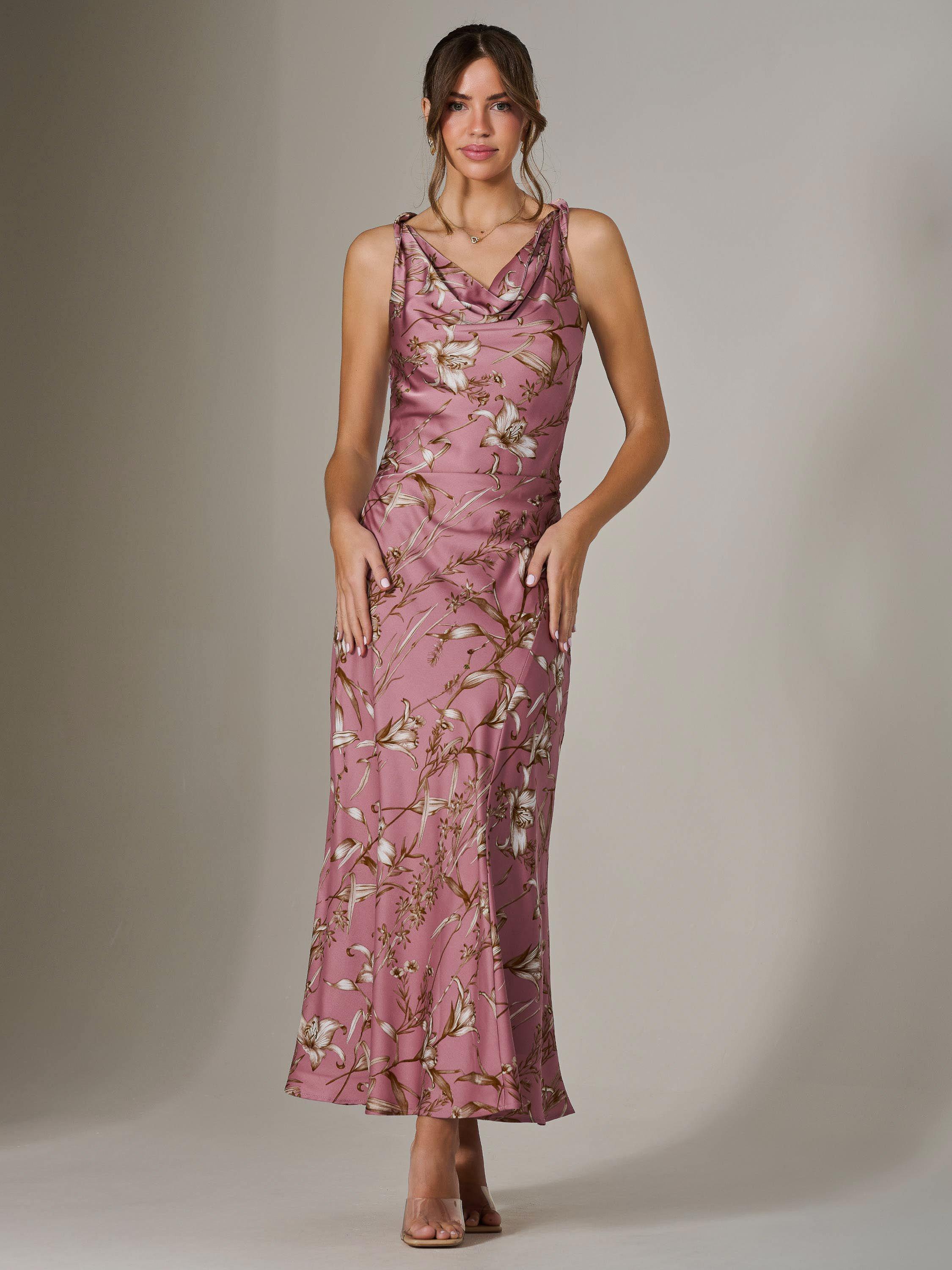 Product image 5 of 7, which shows Jolie Moi Satin Sleeveless Cowl Neck Floral Midaxi Dress, Pink, 8