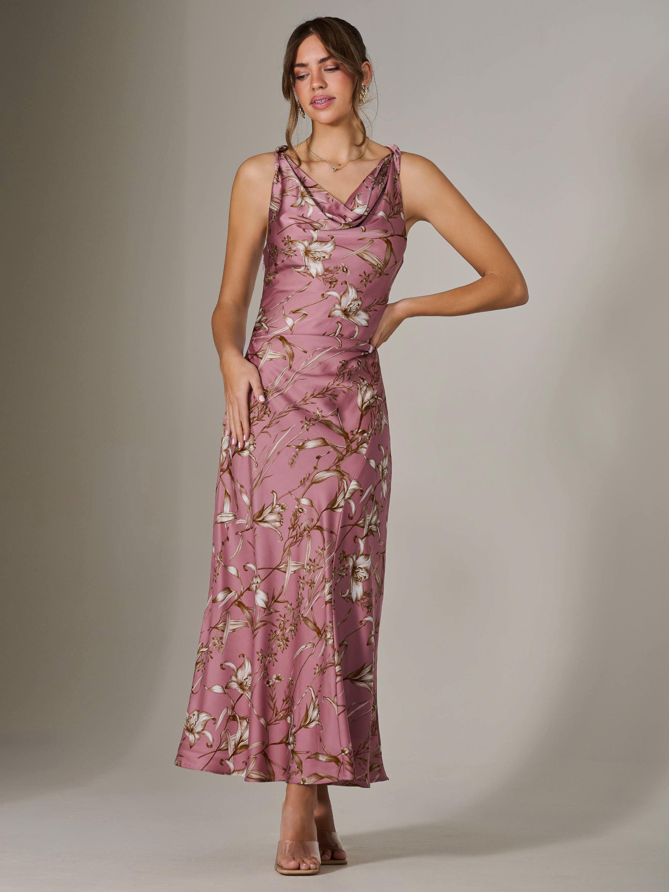 Product image 6 of 7, which shows Jolie Moi Satin Sleeveless Cowl Neck Floral Midaxi Dress, Pink, 8