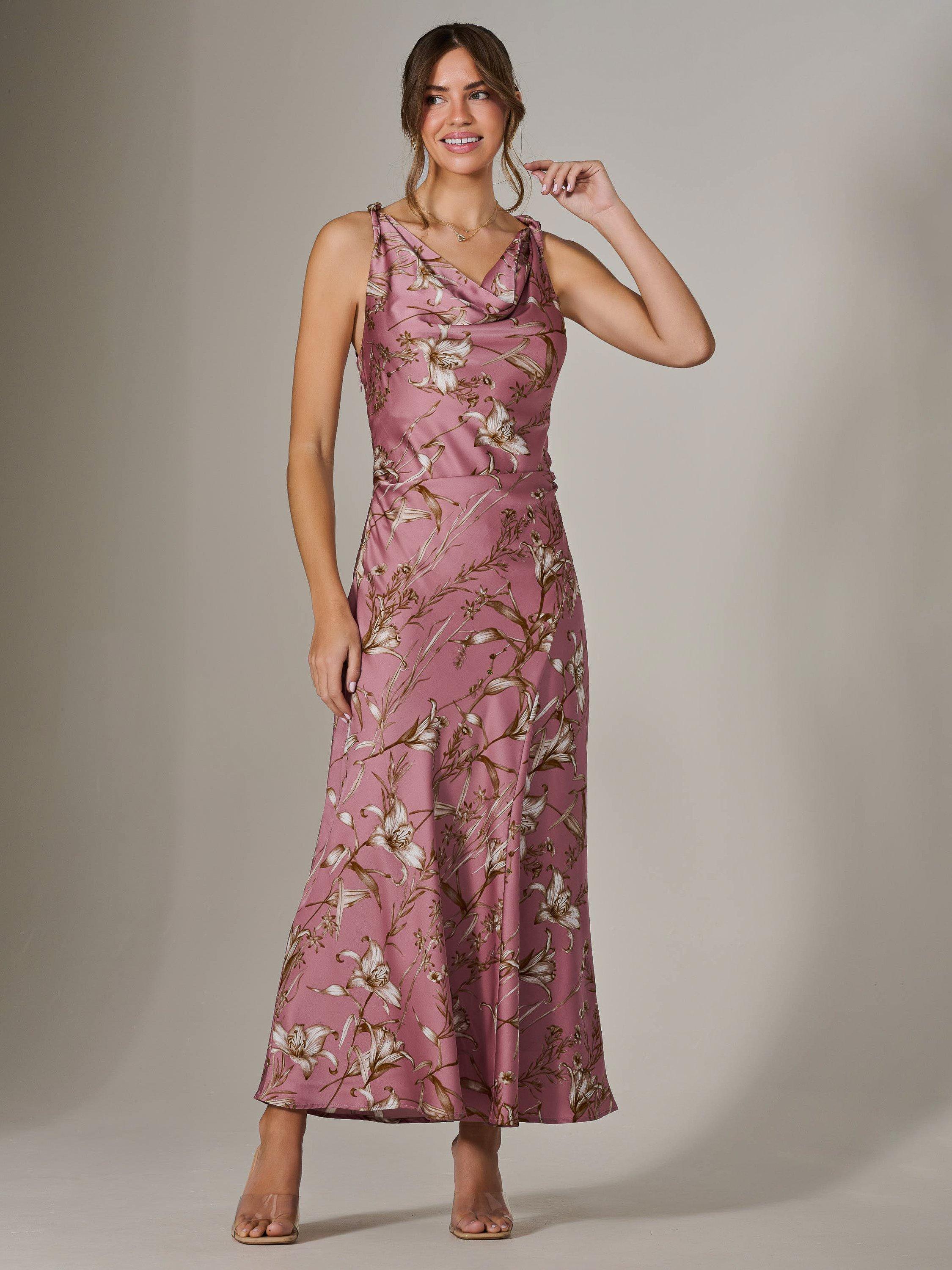 Product image 7 of 7, which shows Jolie Moi Satin Sleeveless Cowl Neck Floral Midaxi Dress, Pink, 8
