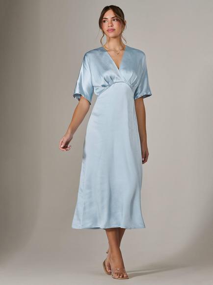 Jolie Moi Satin A-Line V-neck Midaxi Dress, Blue - view 2, Blue
