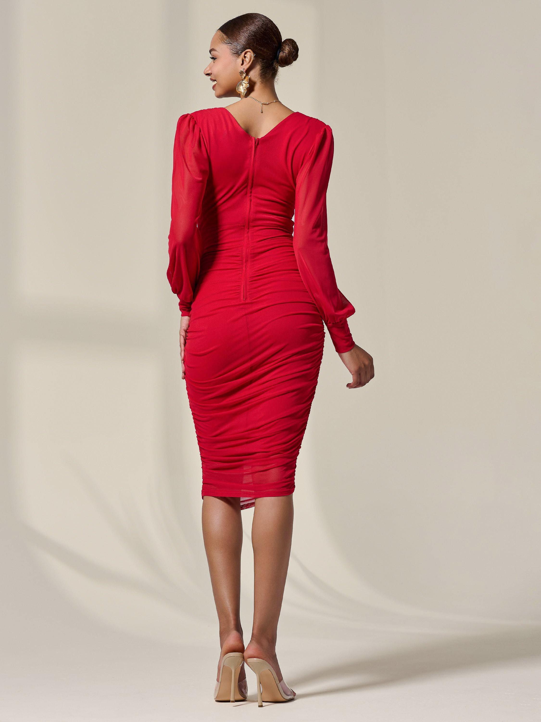 Product image 3 of 6, which shows Jolie Moi Mesh Long Sleeve Midi Dress, Red, 8