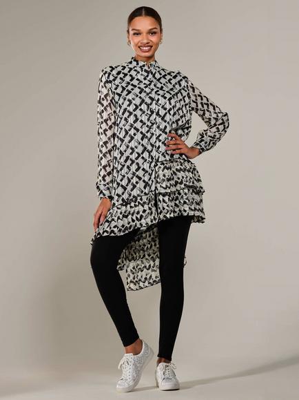 Jolie Moi Geometric Dipped Hem Midi Dress, Black/Multi, Black/Multi