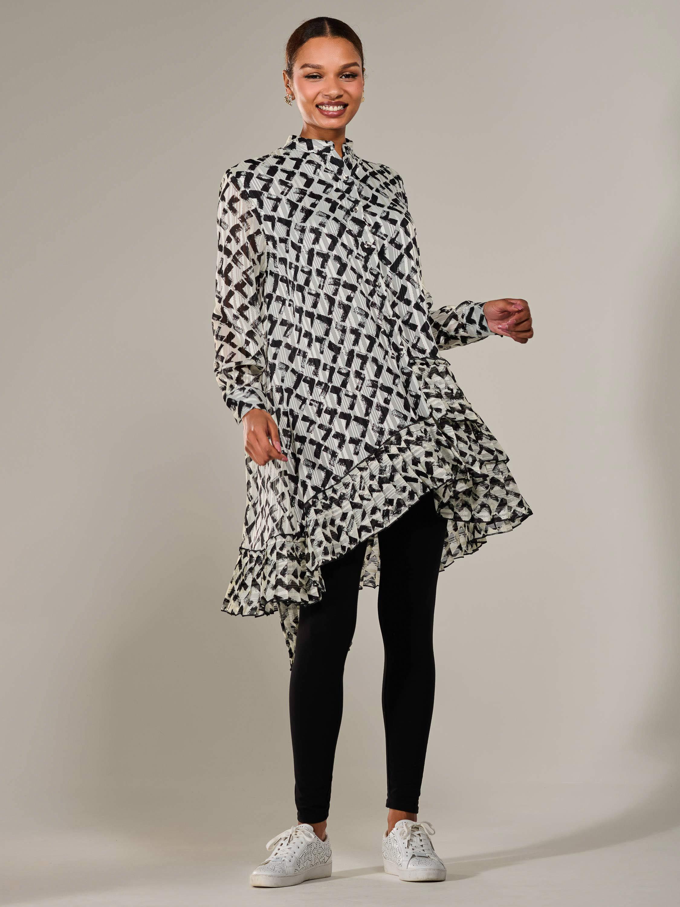 Product image 6 of 7, which shows Jolie Moi Geometric Dipped Hem Midi Dress, Black/Multi, 8