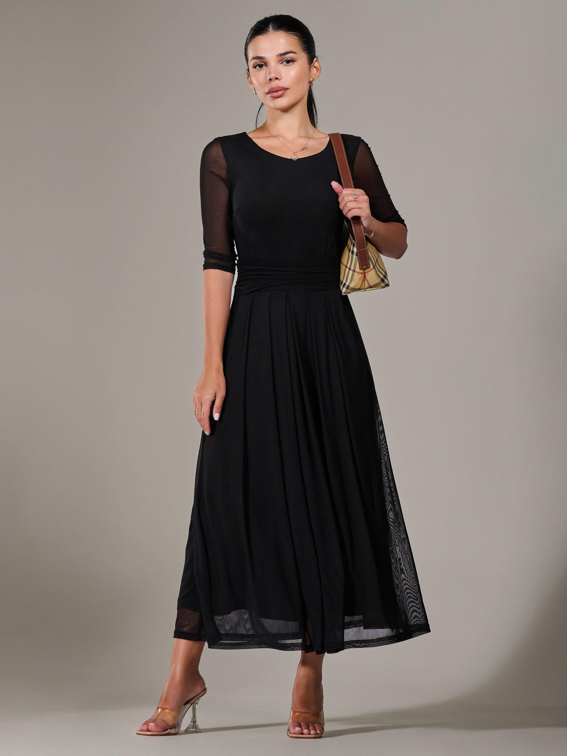 Product image 6 of 7, which shows Jolie Moi Petite Half Sleeve Mesh Dress, Black, 8Pt