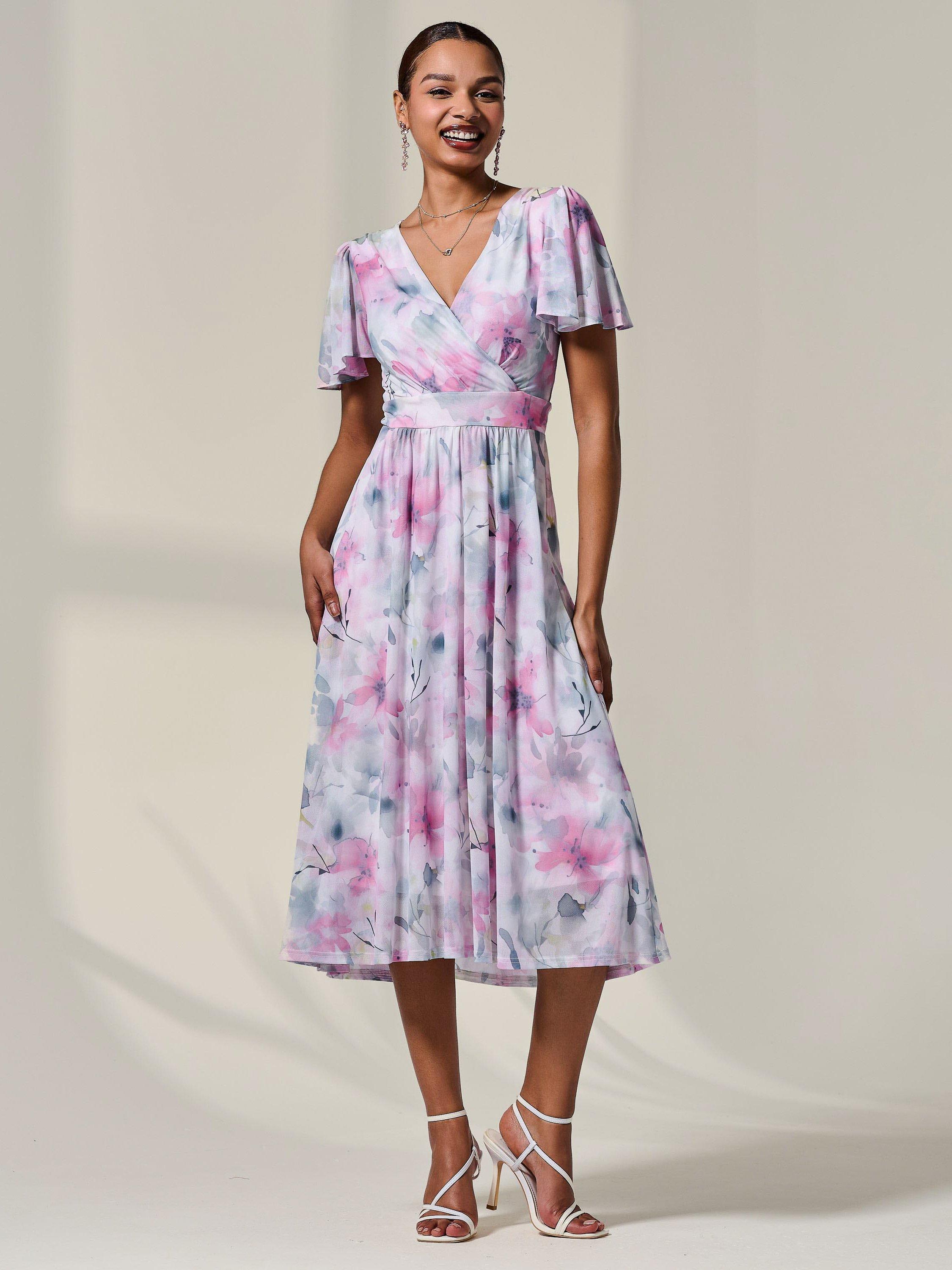 Product image 1 of 6, which shows Jolie Moi Petite Mesh Midaxi Dress, Pink/Multi, 8Pt