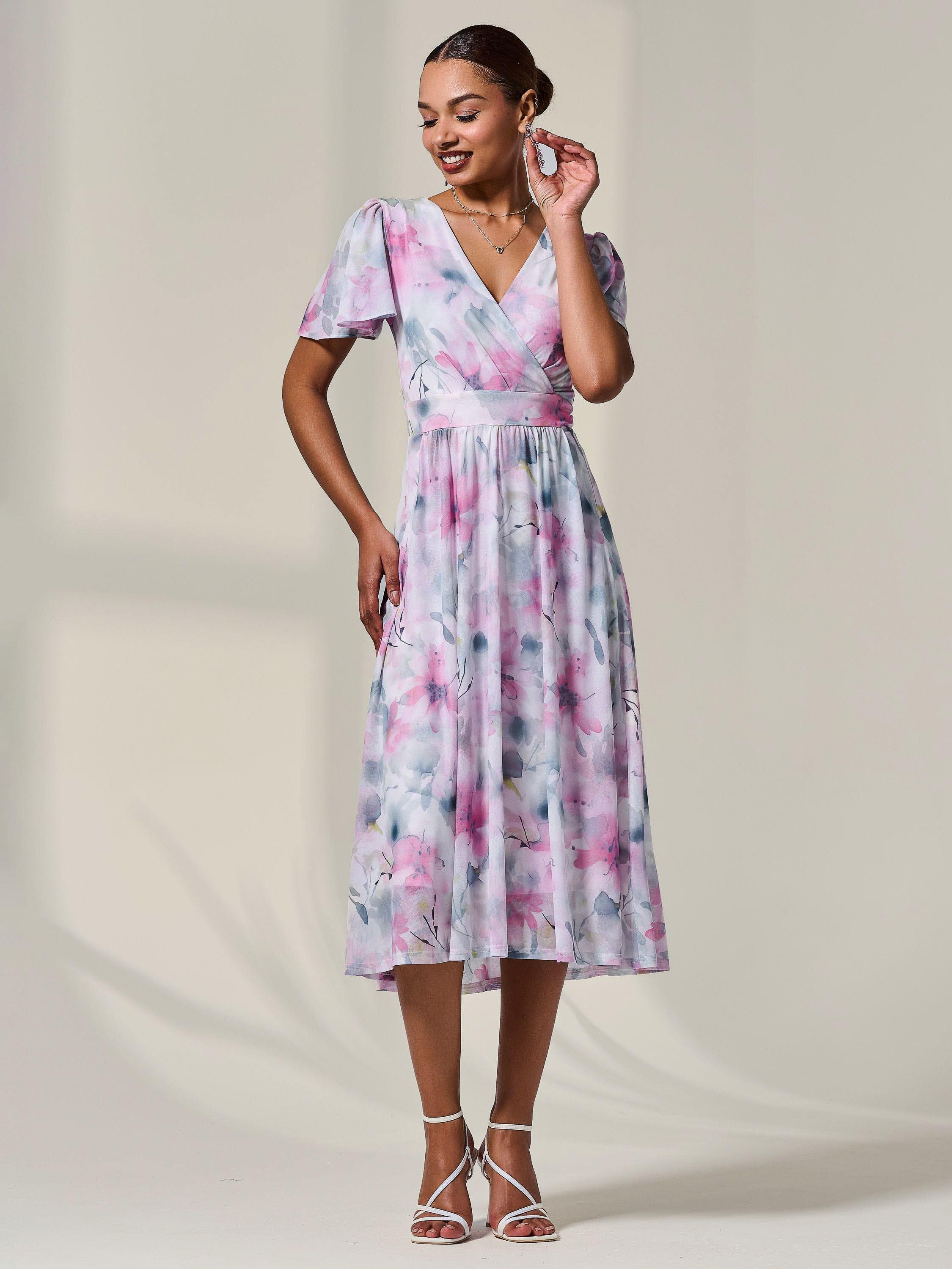 Product image 2 of 6, which shows Jolie Moi Petite Mesh Midaxi Dress, Pink/Multi, 8Pt