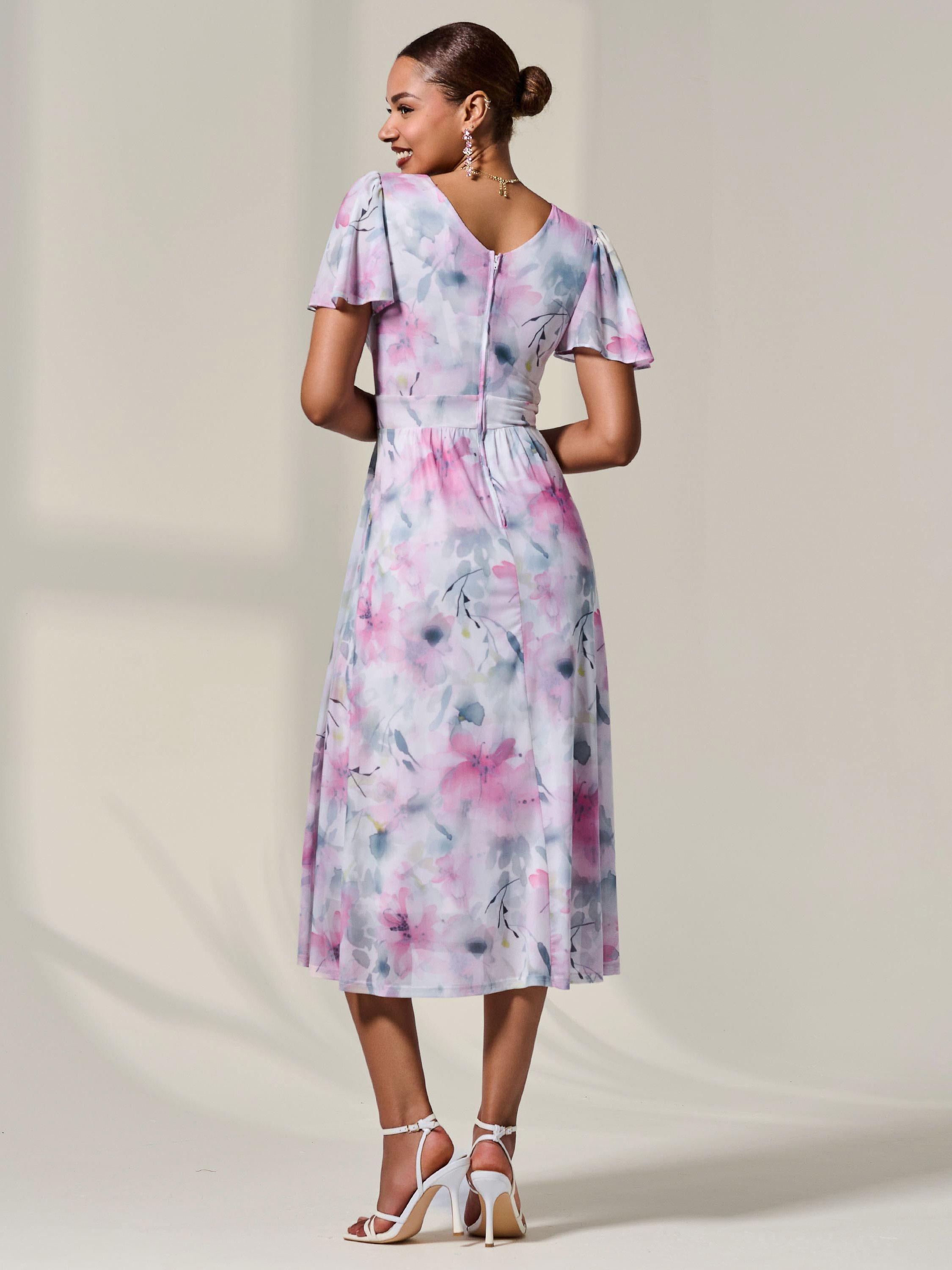 Product image 3 of 6, which shows Jolie Moi Petite Mesh Midaxi Dress, Pink/Multi, 8Pt