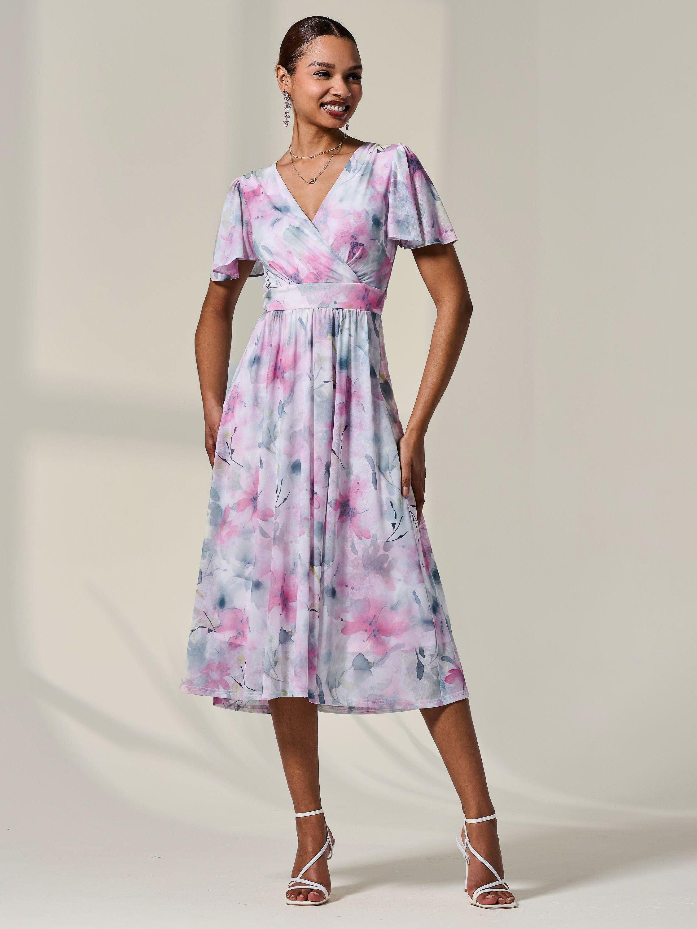 Product image 5 of 6, which shows Jolie Moi Petite Mesh Midaxi Dress, Pink/Multi, 8Pt