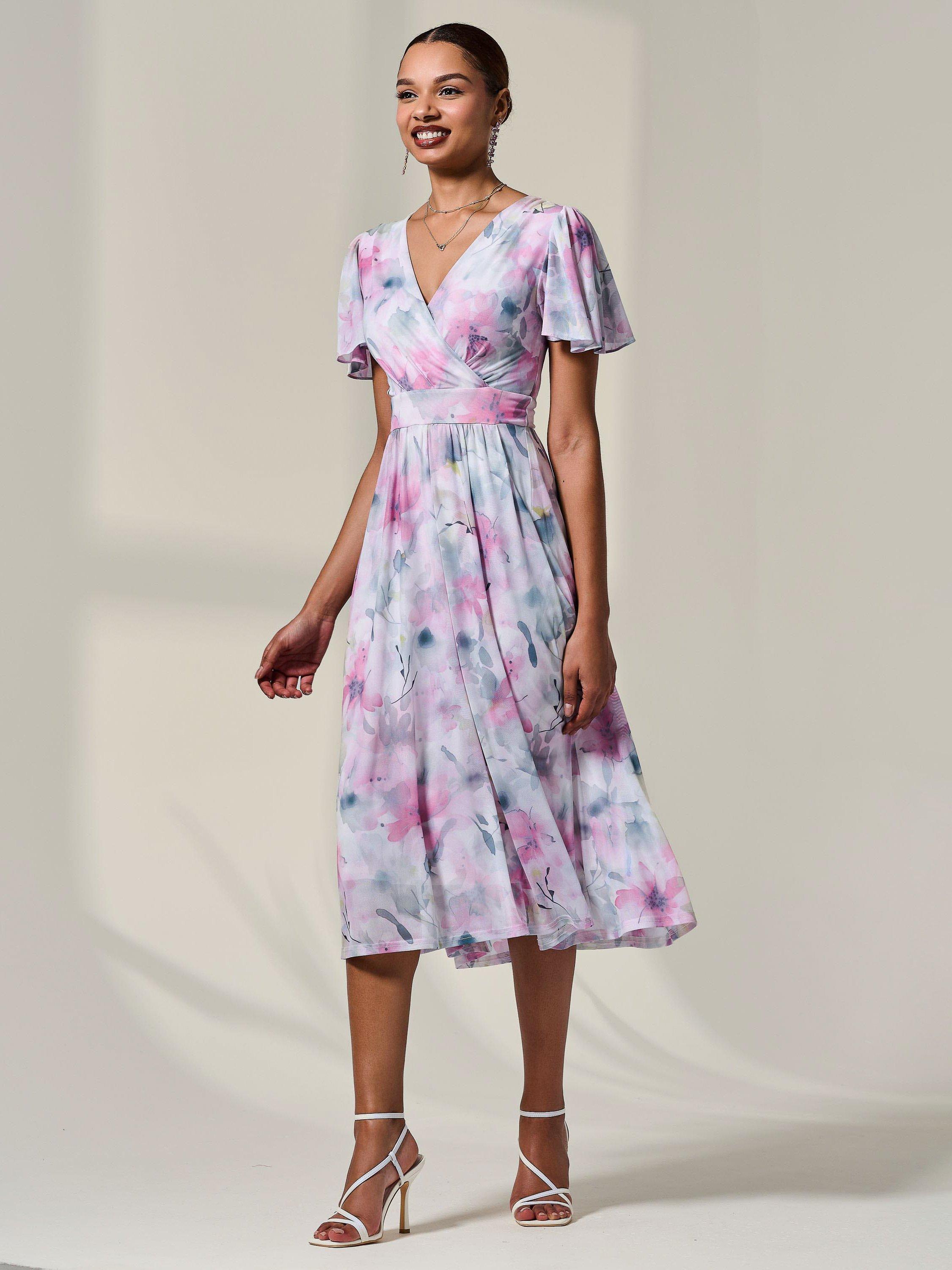 Product image 6 of 6, which shows Jolie Moi Petite Mesh Midaxi Dress, Pink/Multi, 8Pt