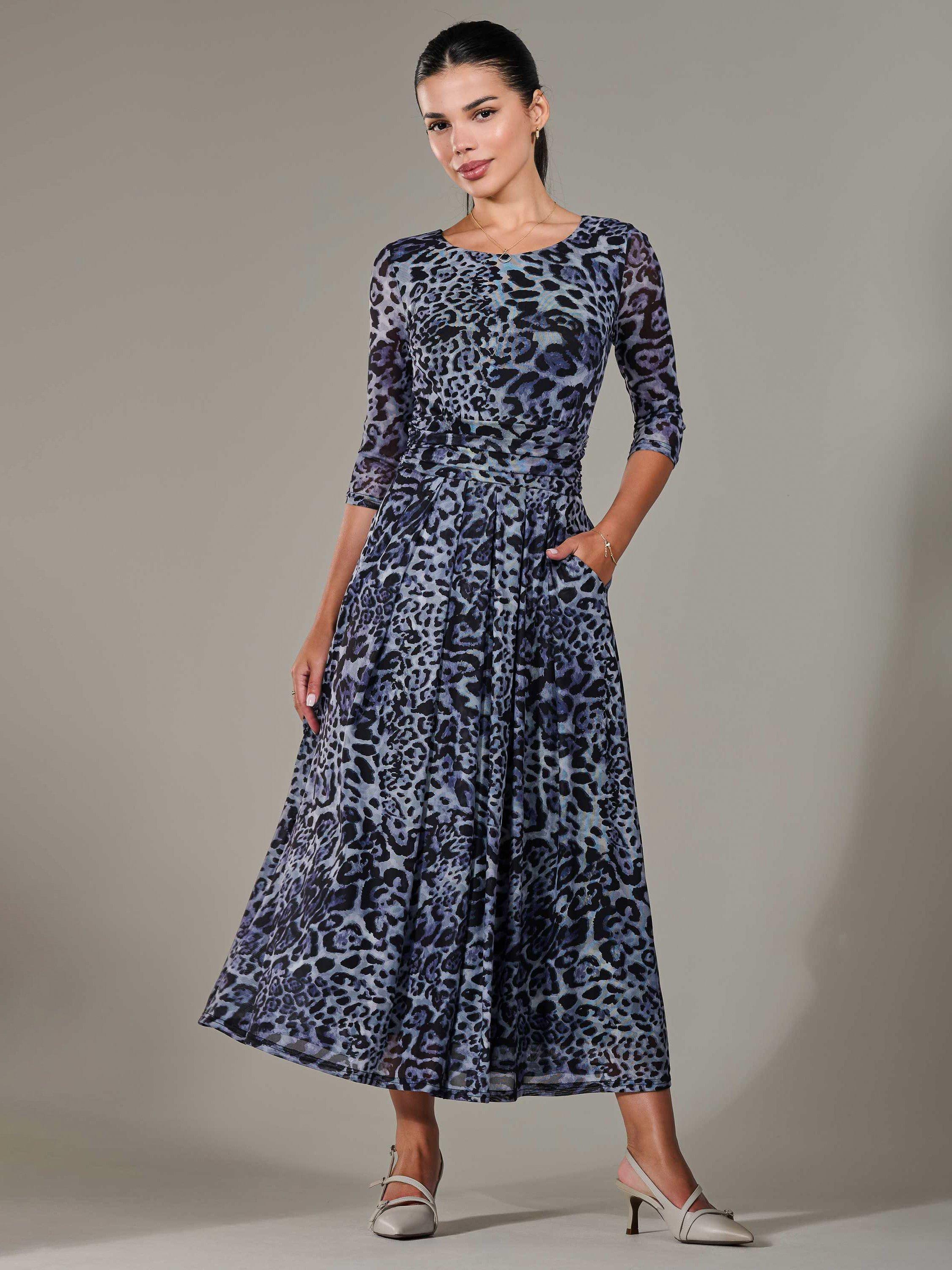 Product image 1 of 7, which shows Jolie Moi Petite Animal Print Pleated Midi Dress, Multi, 8Pt