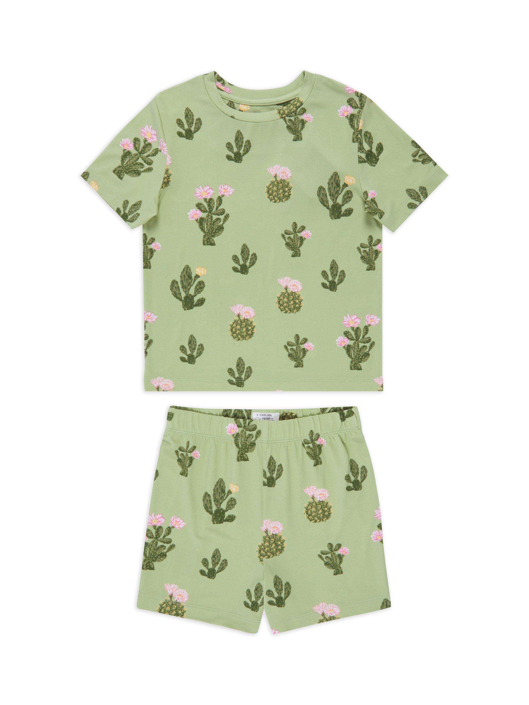 Product image 1 of 3, which shows Chelsea Peers Kids' Floral Print Pyjama Set, Green/Multi, 1-2 years