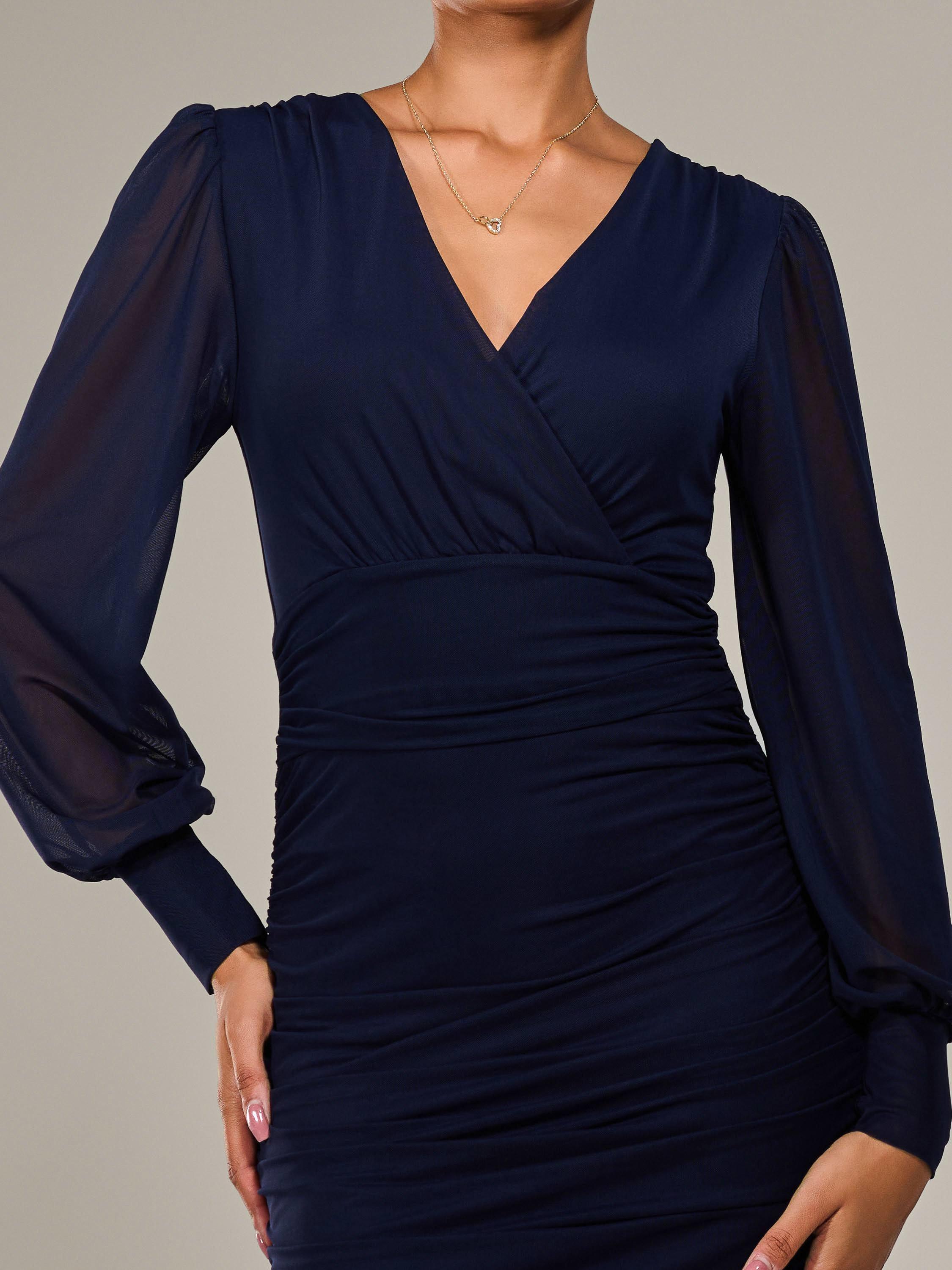 Product image 4 of 7, which shows Jolie Moi Mesh Ruched Midi Dress, Navy, 8