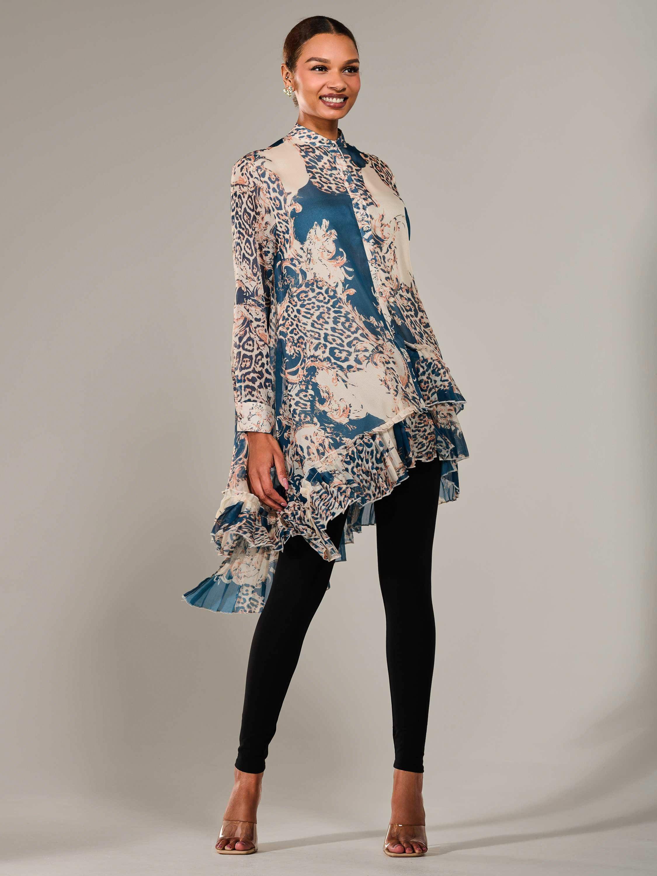 Product image 2 of 7, which shows Jolie Moi Animal Print Dip Hem Midi Dress, Teal/Multi, 8