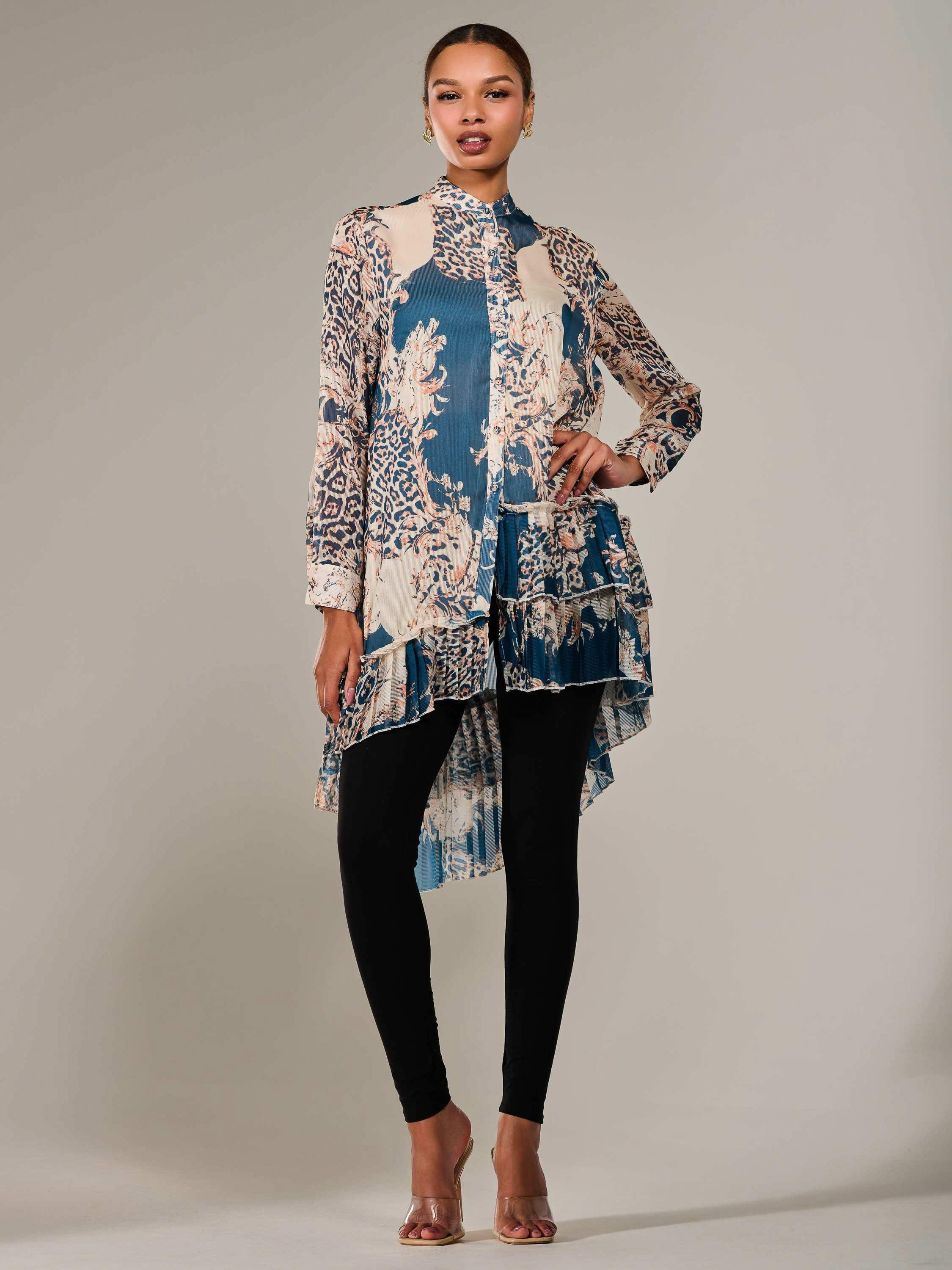 Product image 7 of 7, which shows Jolie Moi Animal Print Dip Hem Midi Dress, Teal/Multi, 8