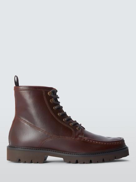 John Lewis Leather Apron Toe Lace Up Ankle Boots, Chocolate, Chocolate