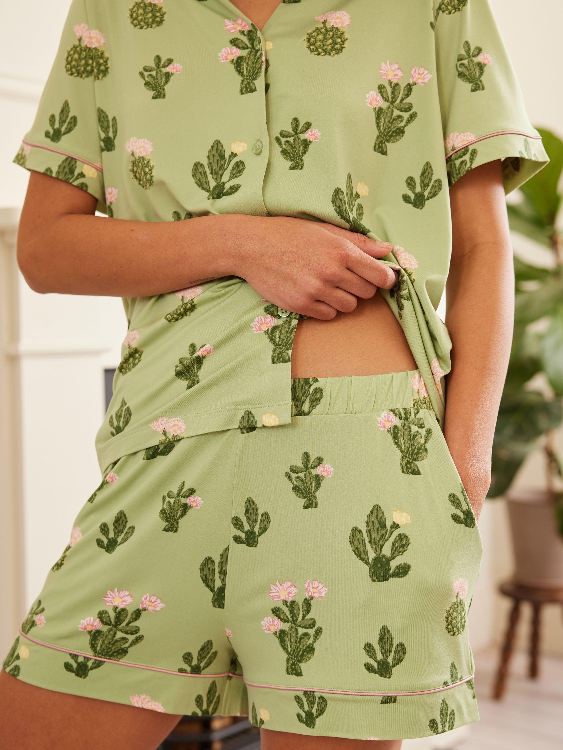 Product image 3 of 5, which shows Chelsea Peers Cactus Shirt Shorty Pyjama Set, Green/Multi, 6