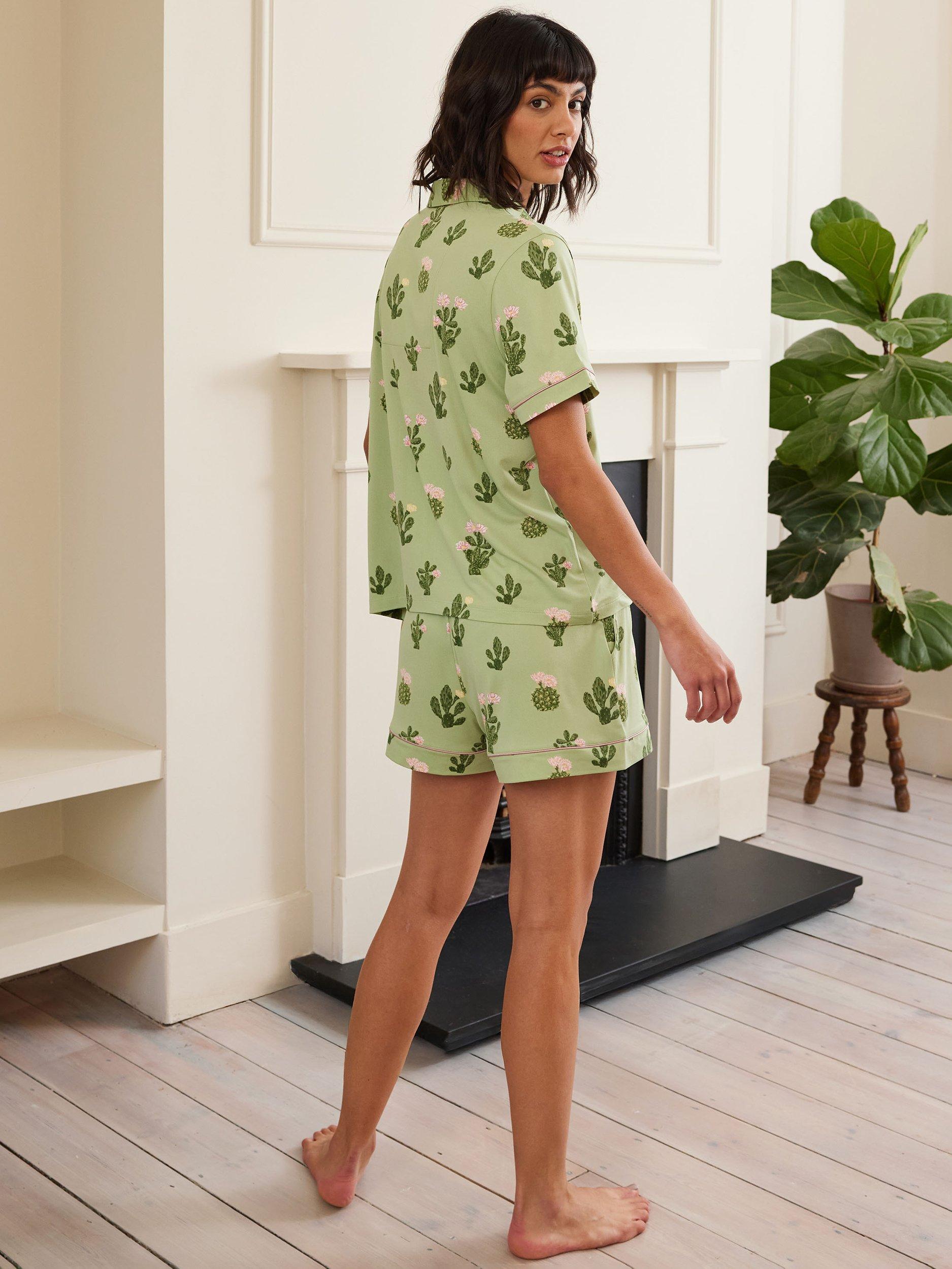 Product image 4 of 5, which shows Chelsea Peers Cactus Shirt Shorty Pyjama Set, Green/Multi, 6