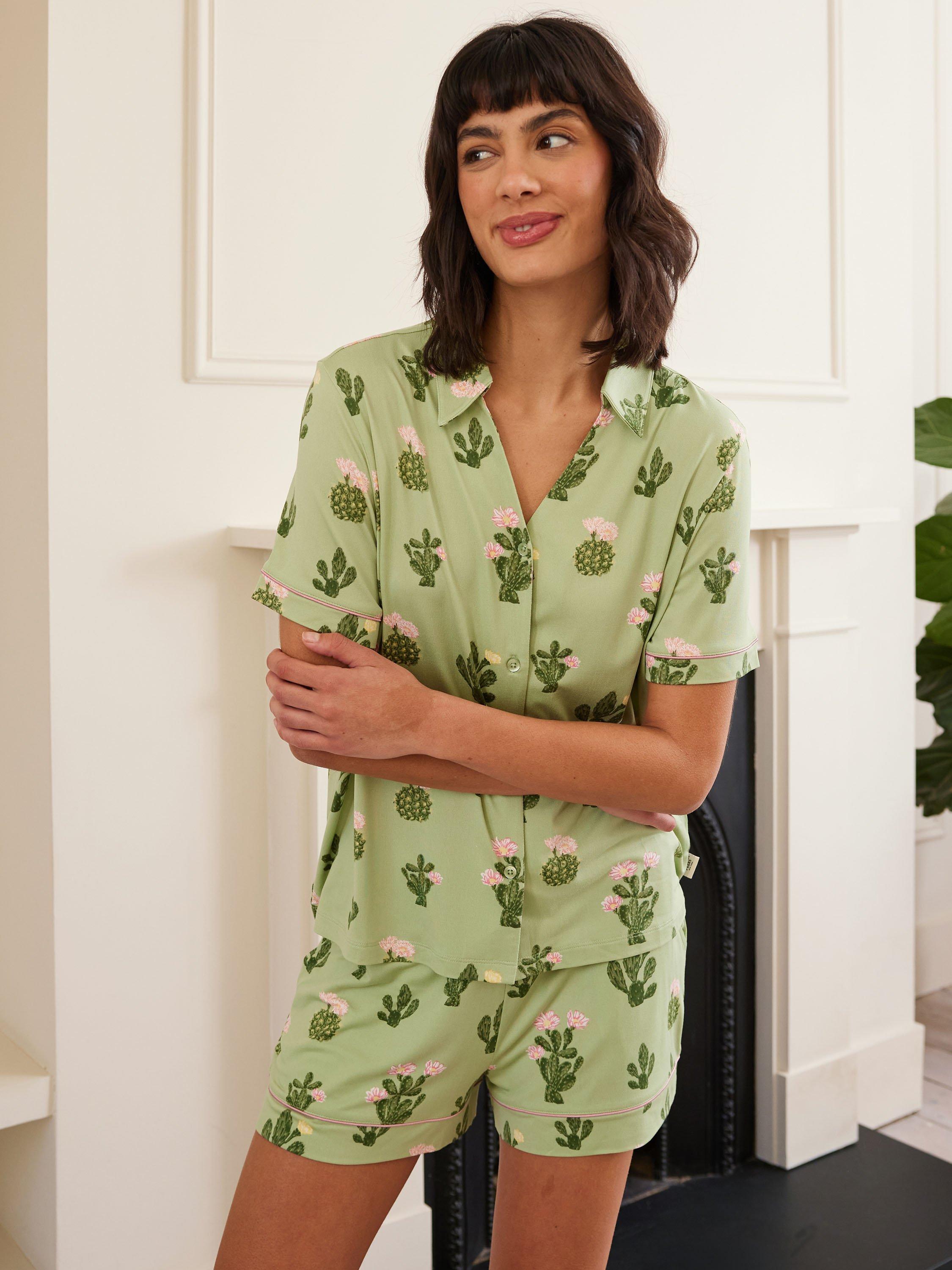 Product image 5 of 5, which shows Chelsea Peers Cactus Shirt Shorty Pyjama Set, Green/Multi, 6