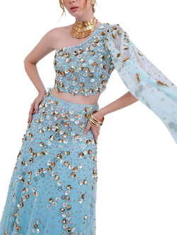 Raishma Inaya Floral Sequins One Shoulder Gown, Blue