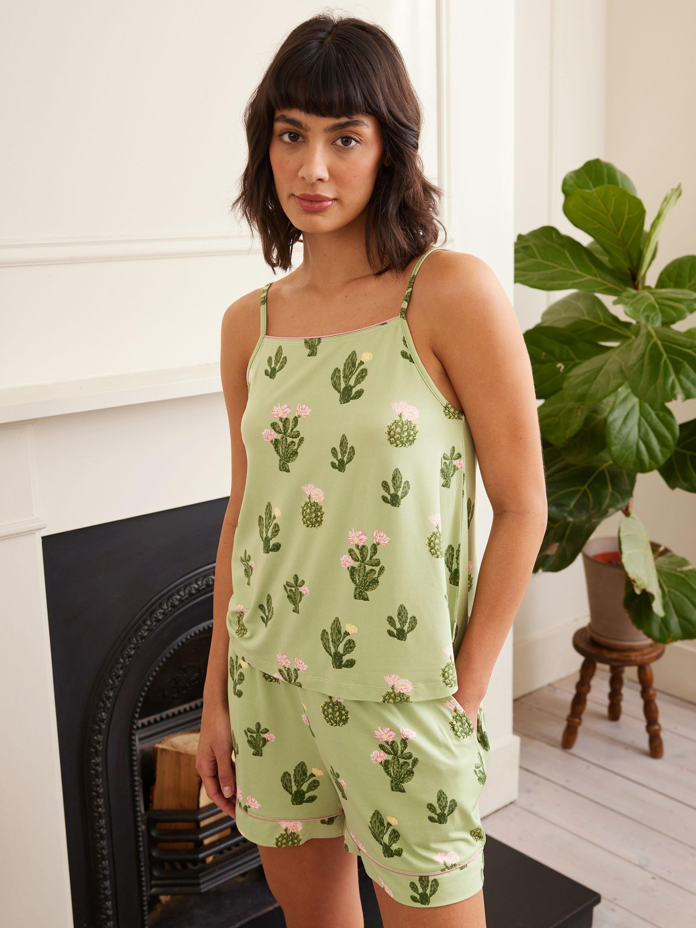 Product image 4 of 5, which shows Chelsea Peers Cactus Cami Shorty Pyjama Set, Green/Multi, 6