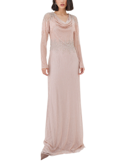 Raishma Lainey Draped Neckline Shimmer Beaded Gown, Nude