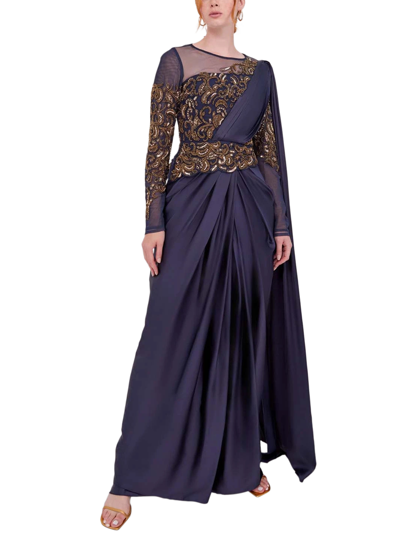 Product image 1 of 3, which shows Raishma Nova Embroidered Bodice Sheer Sleeve Gown, Navy, 10