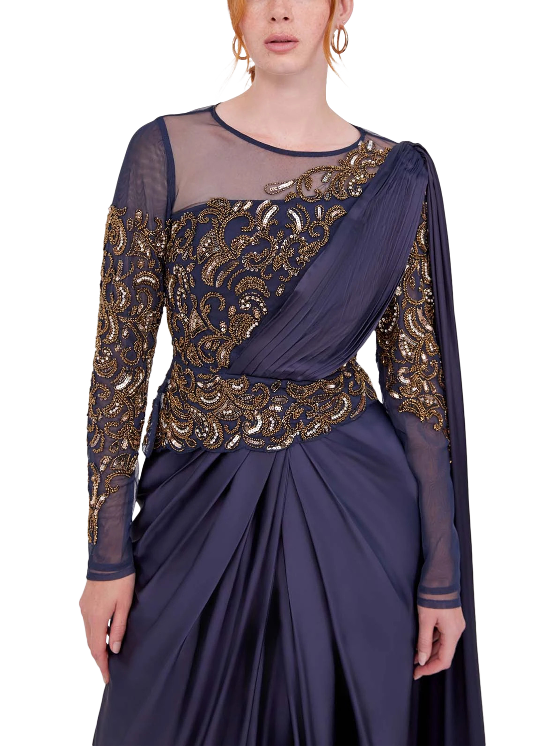 Product image 2 of 3, which shows Raishma Nova Embroidered Bodice Sheer Sleeve Gown, Navy, 10