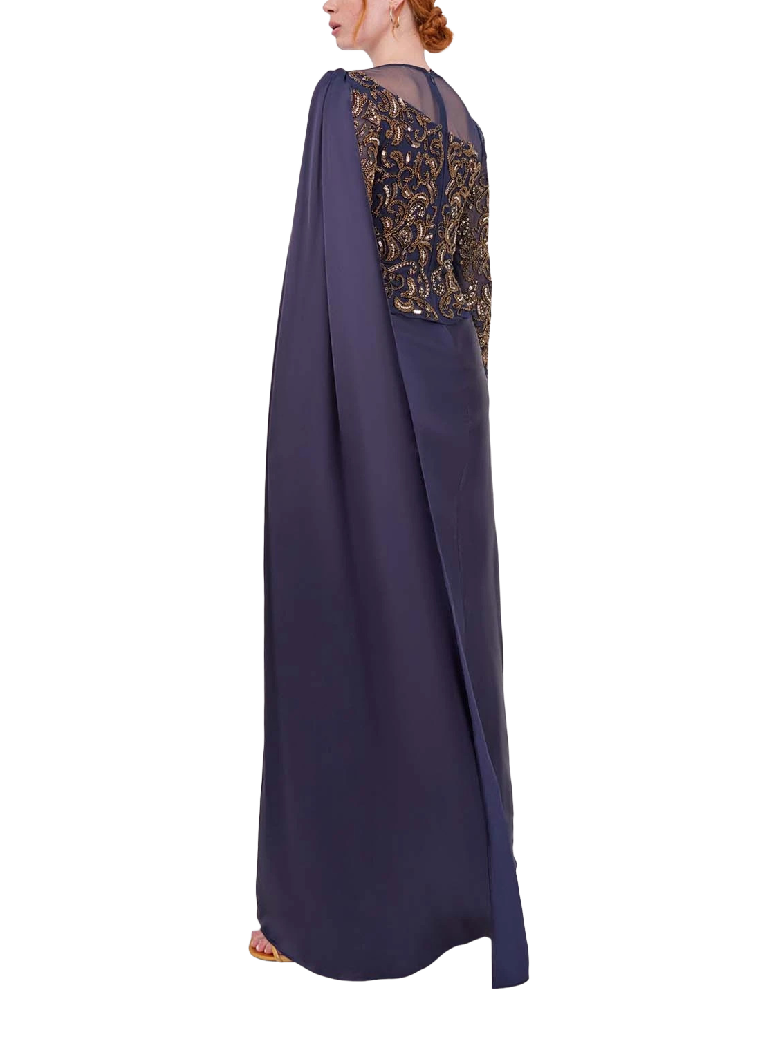 Product image 3 of 3, which shows Raishma Nova Embroidered Bodice Sheer Sleeve Gown, Navy, 10