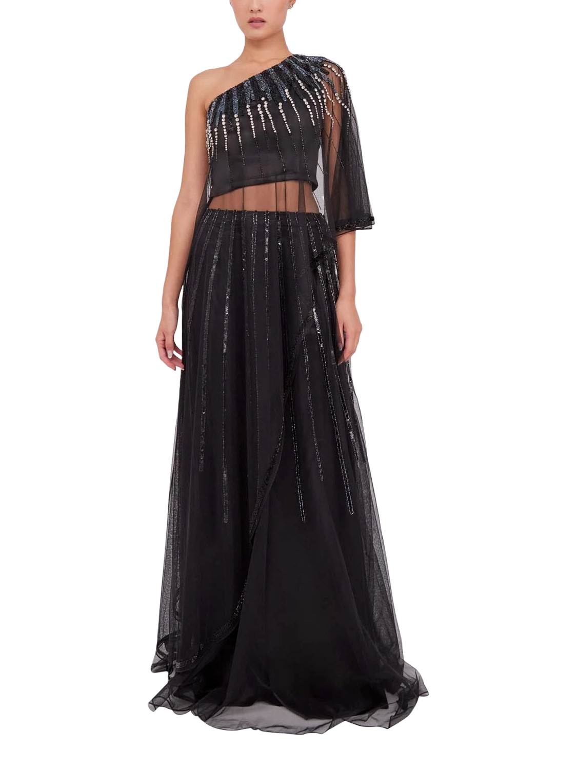 Product image 1 of 3, which shows Raishma Shania Embellished One Shoulder Gown, Black, 12