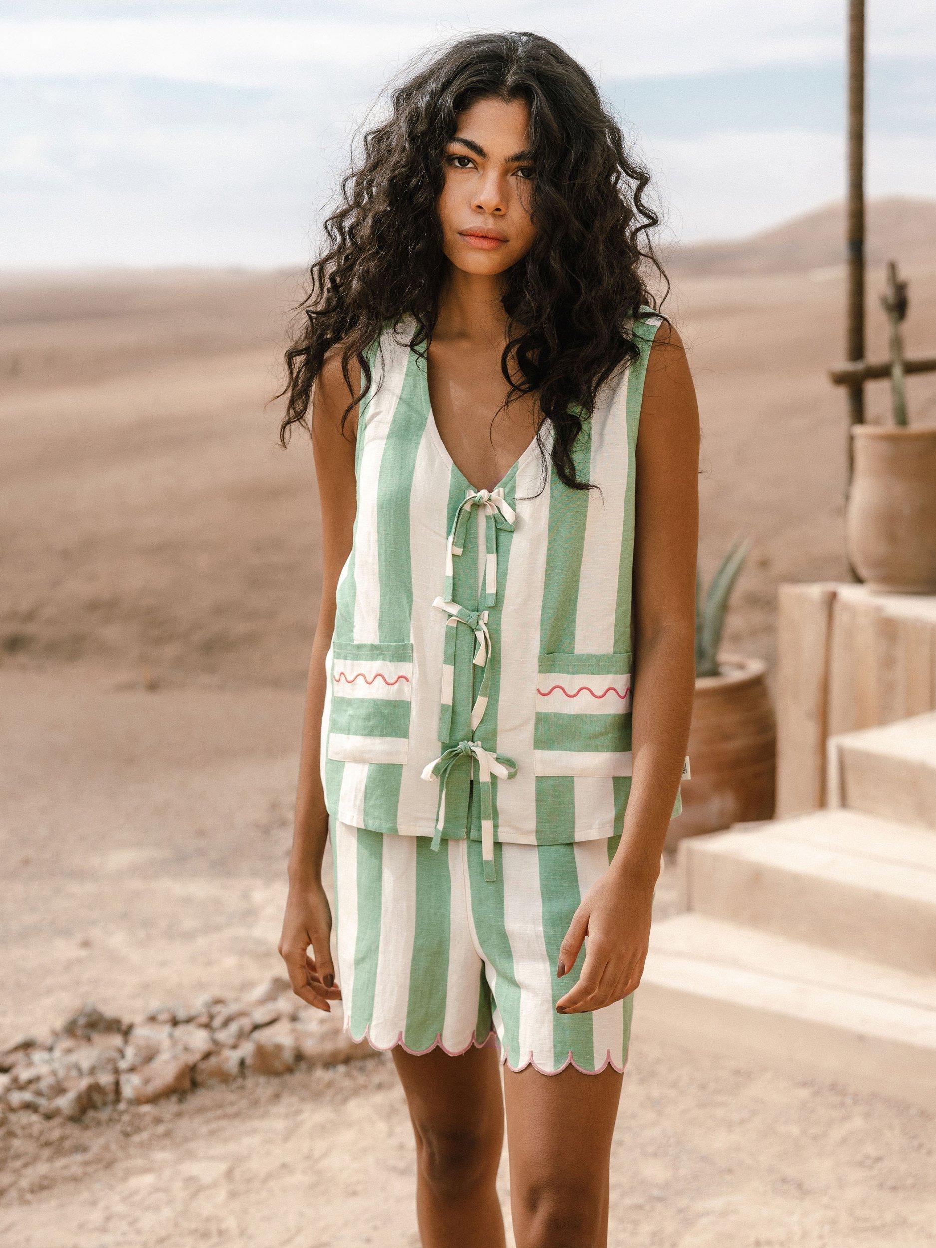 Product image 1 of 5, which shows Chelsea Peers Stripe Linen Blend Tie Front Short Set, Green/White, 6