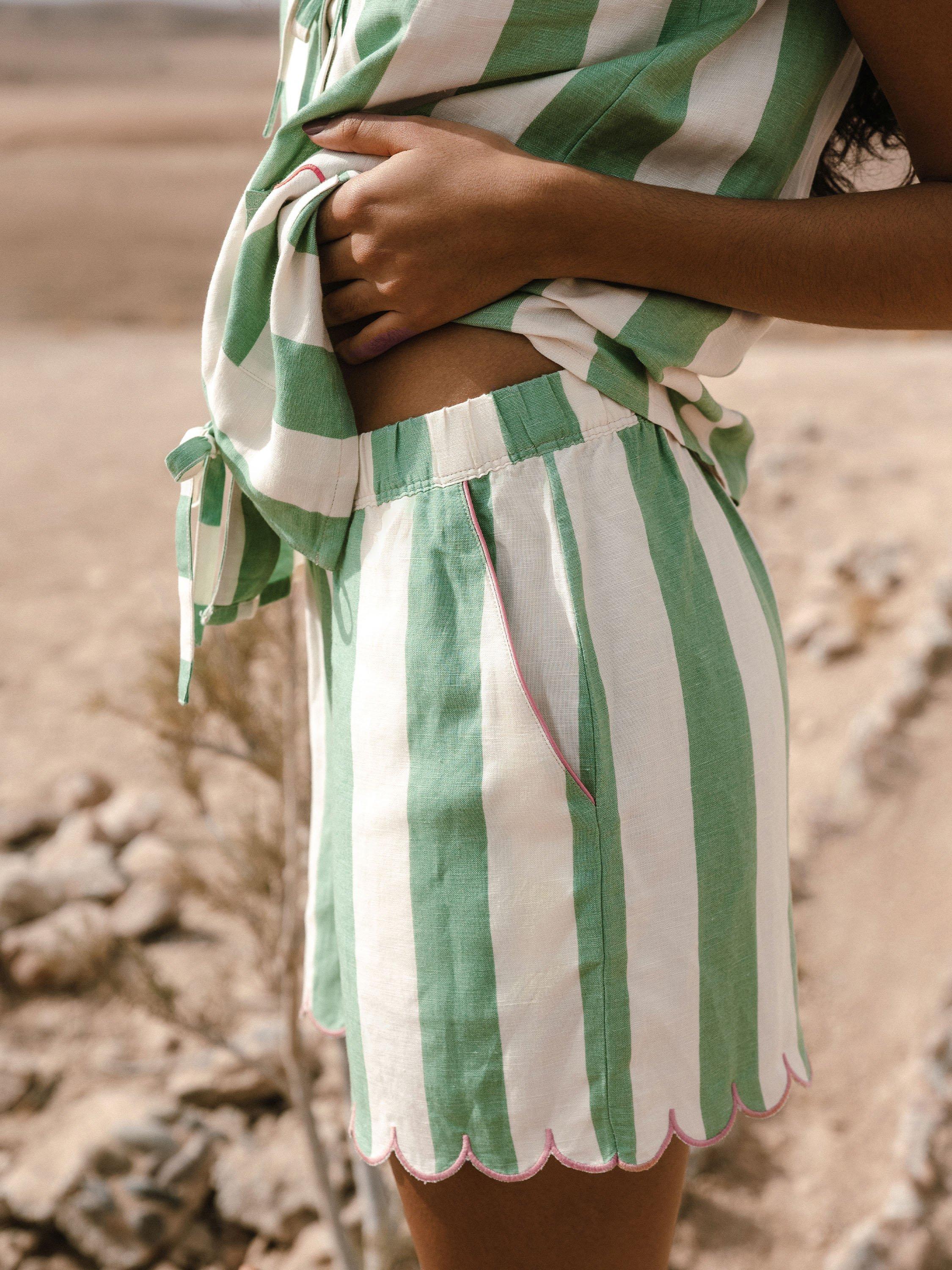 Product image 4 of 5, which shows Chelsea Peers Stripe Linen Blend Tie Front Short Set, Green/White, 6