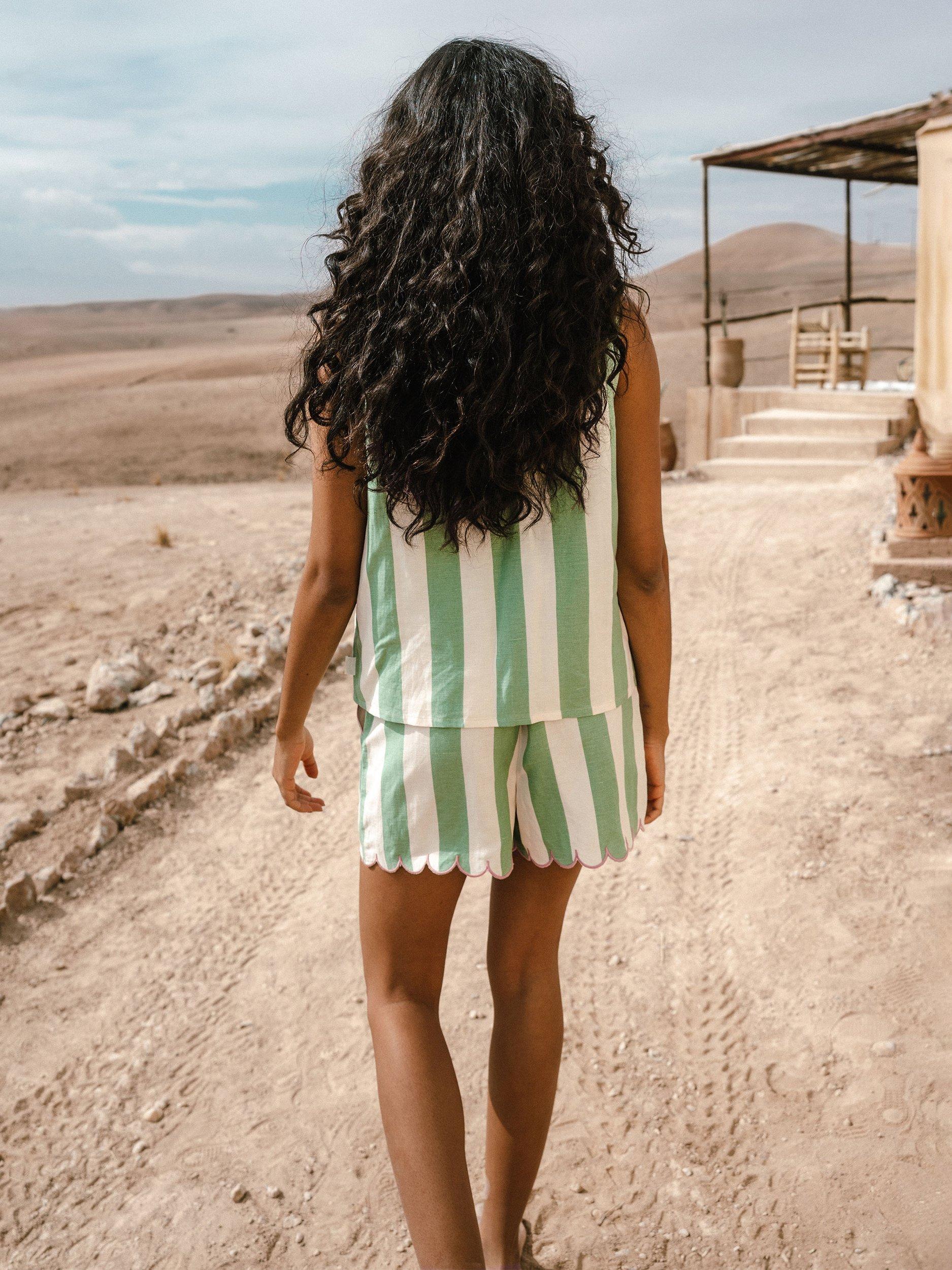 Product image 5 of 5, which shows Chelsea Peers Stripe Linen Blend Tie Front Short Set, Green/White, 6